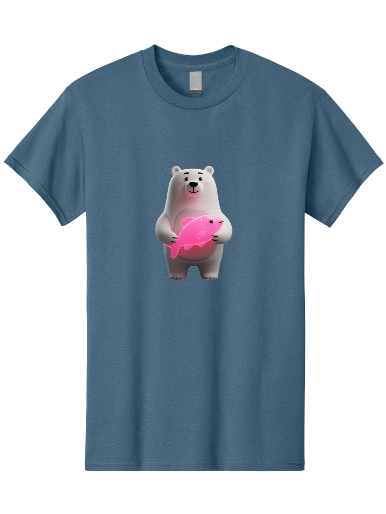 Polar-Bear-Holding-Fish-1 Men'S Graphic Tee, 100% Cotton, Comfortable Casual Summer Wear, Machine Washable, Cartoon Polar Bear, Cute Illustration, White Bear, Pink Fish, Adorable Scene, Kawaii Art, Digital Character, Smiling Bear, Holding Fish Bae648