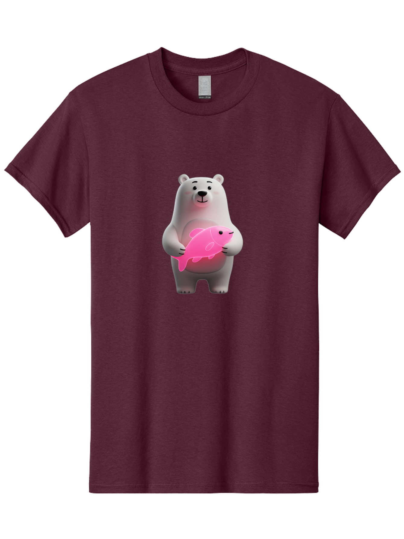 Polar-Bear-Holding-Fish-1 Men'S Graphic Tee, 100% Cotton, Comfortable Casual Summer Wear, Machine Washable, Cartoon Polar Bear, Cute Illustration, White Bear, Pink Fish, Adorable Scene, Kawaii Art, Digital Character, Smiling Bear, Holding Fish Bae648