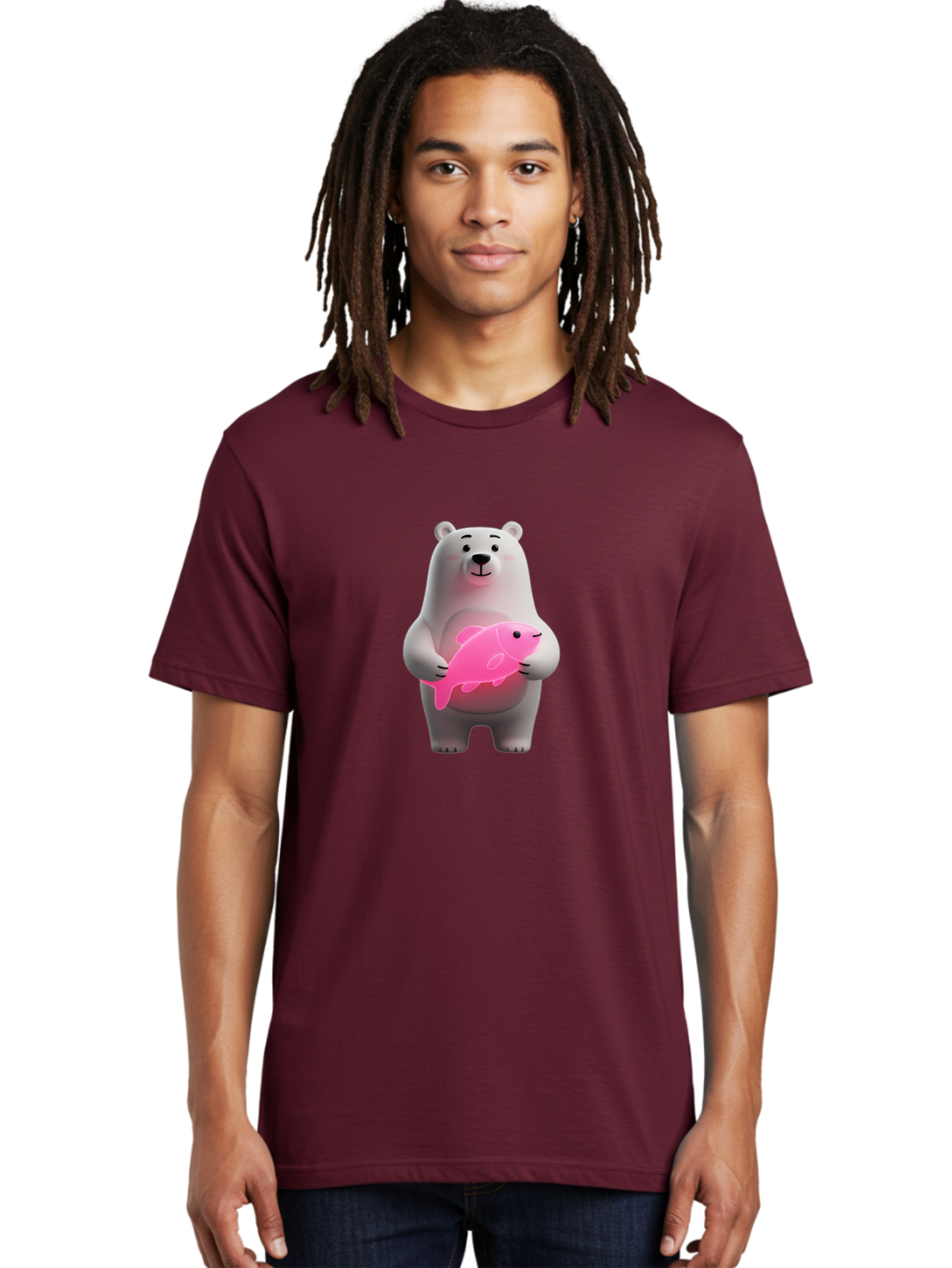 Polar-Bear-Holding-Fish-1 Men'S Graphic Tee, 100% Cotton, Comfortable Casual Summer Wear, Machine Washable, Cartoon Polar Bear, Cute Illustration, White Bear, Pink Fish, Adorable Scene, Kawaii Art, Digital Character, Smiling Bear, Holding Fish Bae648