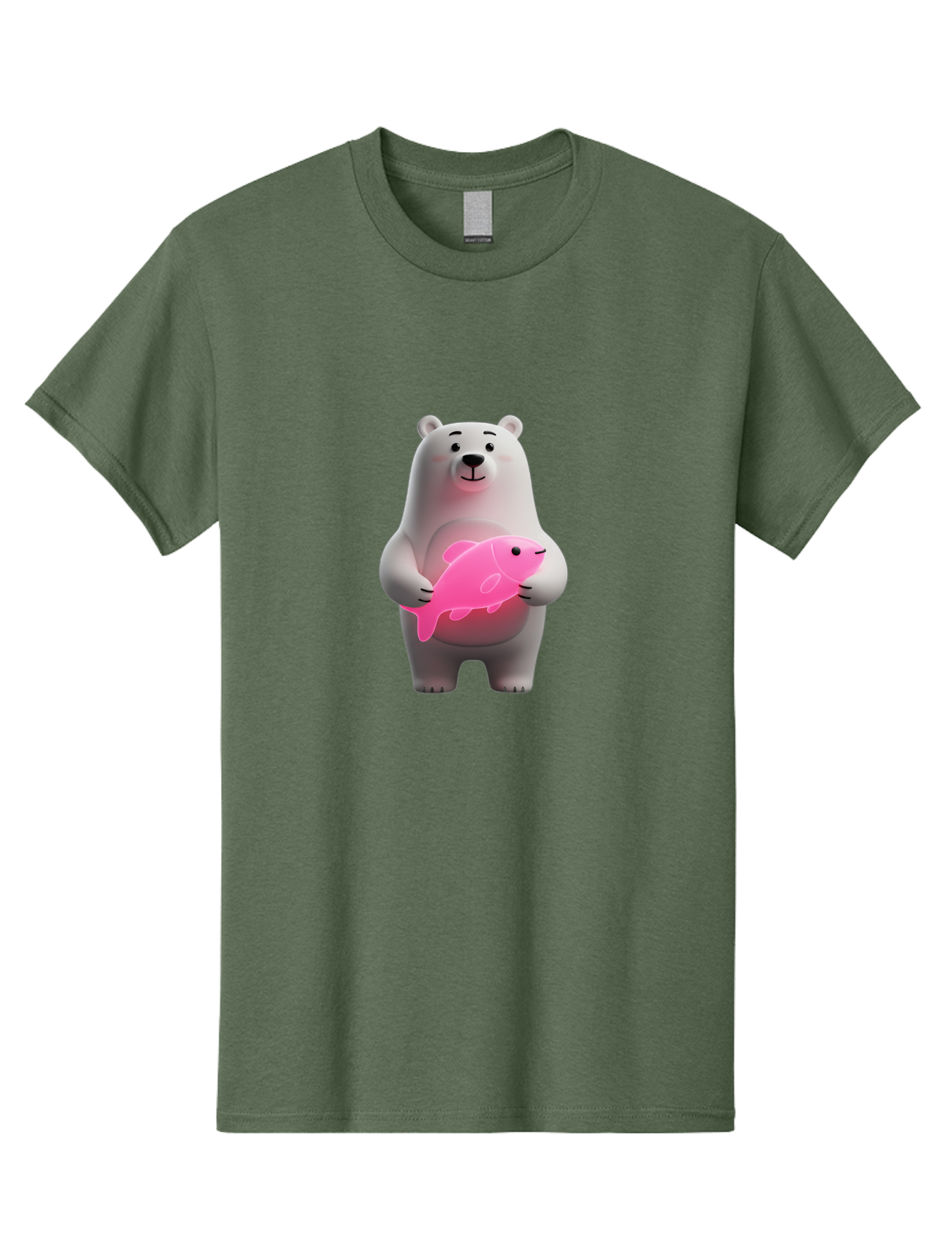 Polar-Bear-Holding-Fish-1 Men'S Graphic Tee, 100% Cotton, Comfortable Casual Summer Wear, Machine Washable, Cartoon Polar Bear, Cute Illustration, White Bear, Pink Fish, Adorable Scene, Kawaii Art, Digital Character, Smiling Bear, Holding Fish Bae648