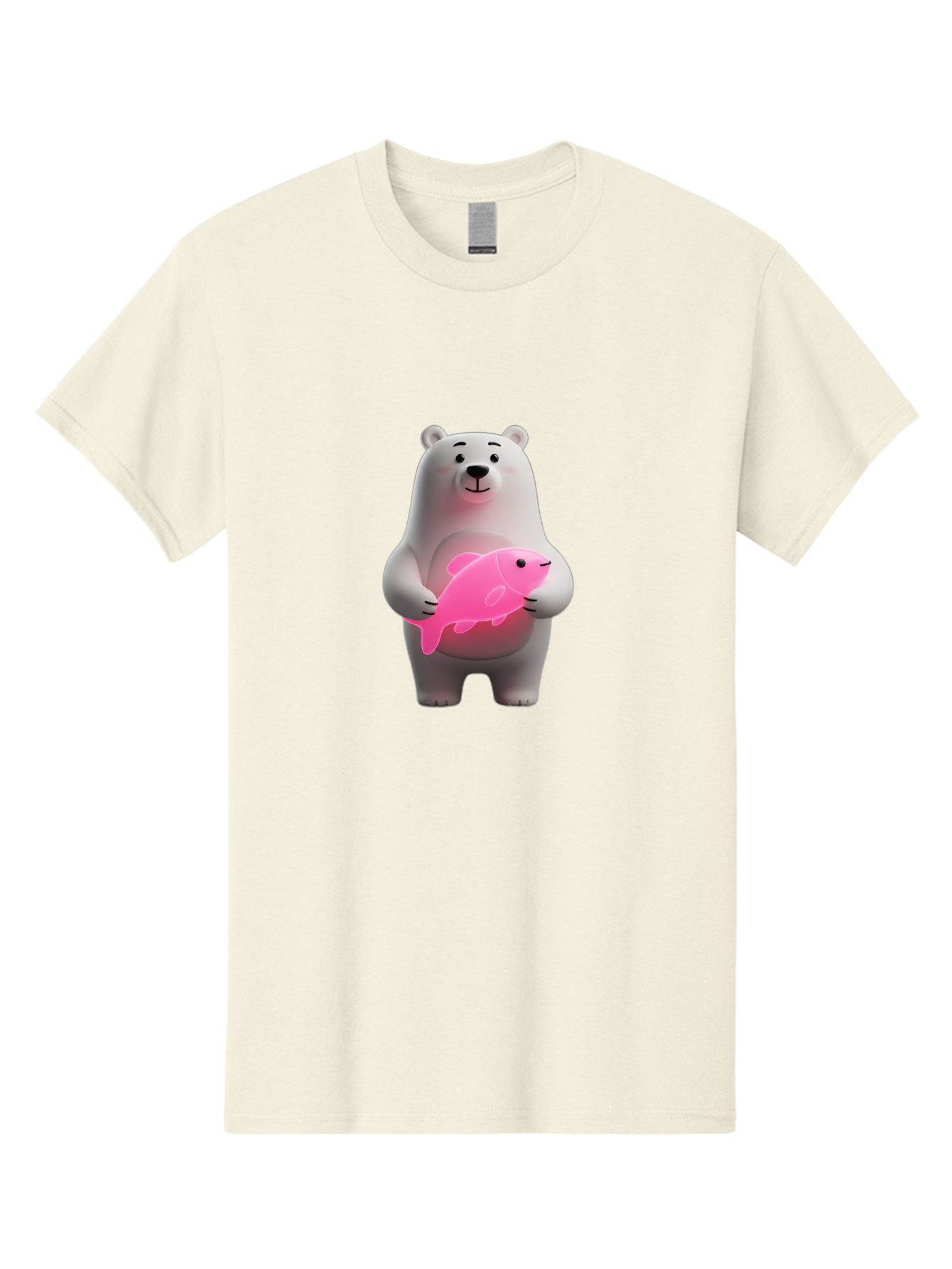 Polar-Bear-Holding-Fish-1 Men'S Graphic Tee, 100% Cotton, Comfortable Casual Summer Wear, Machine Washable, Cartoon Polar Bear, Cute Illustration, White Bear, Pink Fish, Adorable Scene, Kawaii Art, Digital Character, Smiling Bear, Holding Fish Bae648