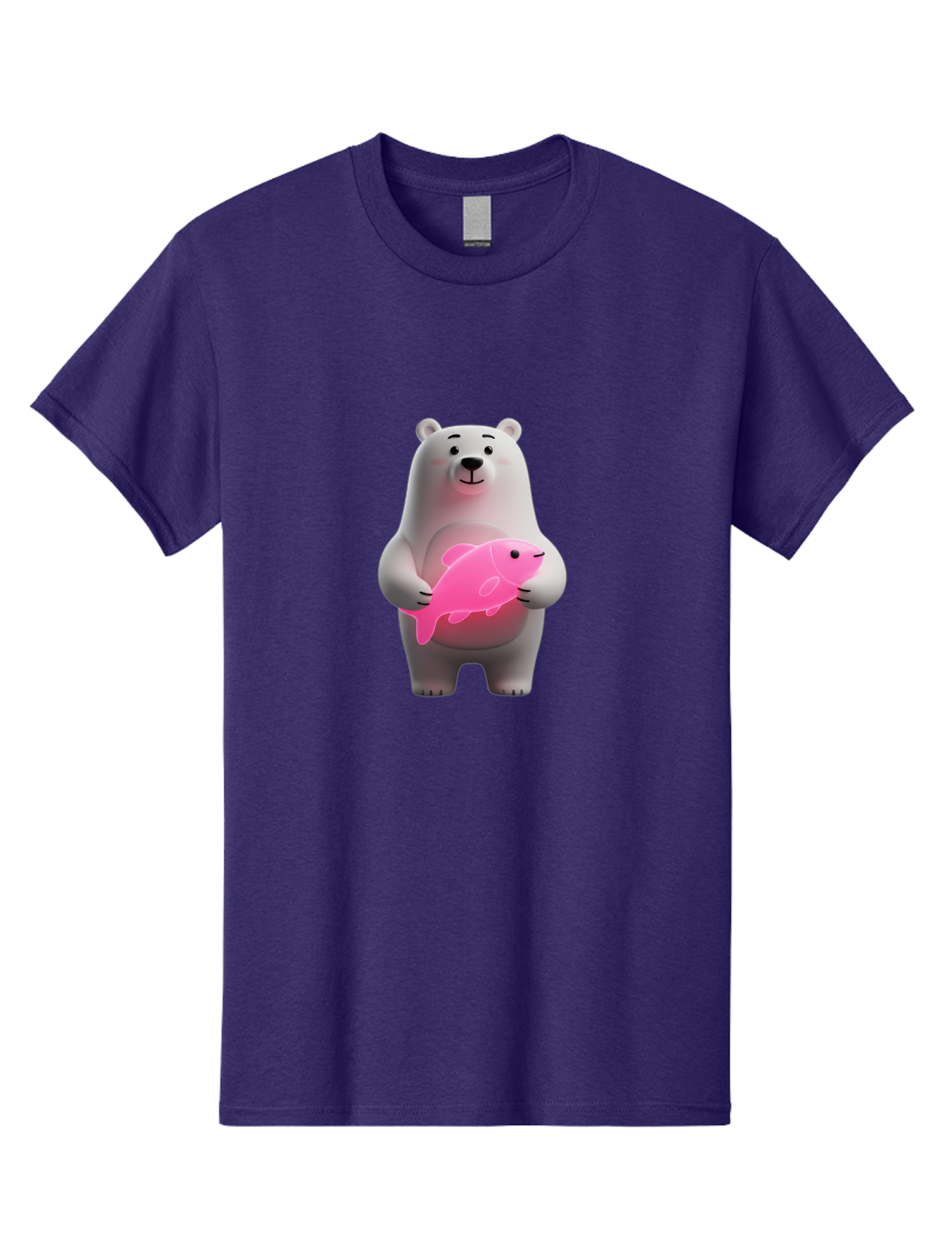 Polar-Bear-Holding-Fish-1 Men'S Graphic Tee, 100% Cotton, Comfortable Casual Summer Wear, Machine Washable, Cartoon Polar Bear, Cute Illustration, White Bear, Pink Fish, Adorable Scene, Kawaii Art, Digital Character, Smiling Bear, Holding Fish Bae648