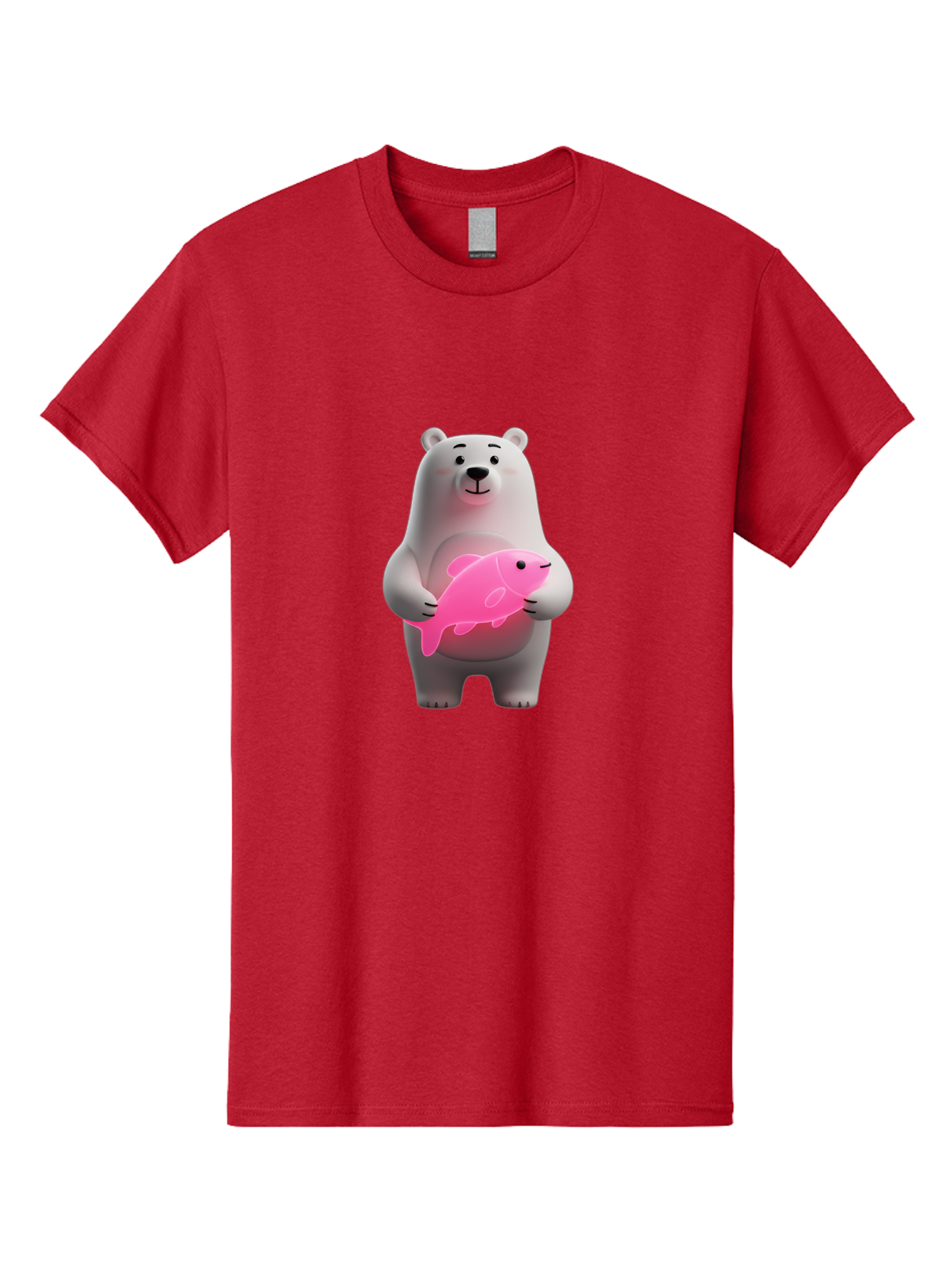 Polar-Bear-Holding-Fish-1 Men'S Graphic Tee, 100% Cotton, Comfortable Casual Summer Wear, Machine Washable, Cartoon Polar Bear, Cute Illustration, White Bear, Pink Fish, Adorable Scene, Kawaii Art, Digital Character, Smiling Bear, Holding Fish Bae648