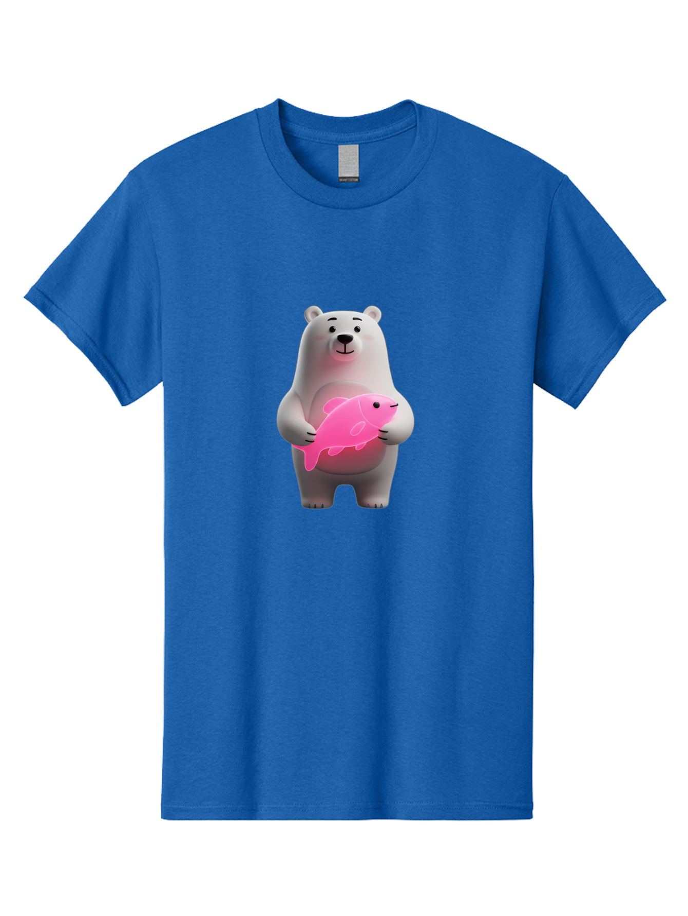 Polar-Bear-Holding-Fish-1 Men'S Graphic Tee, 100% Cotton, Comfortable Casual Summer Wear, Machine Washable, Cartoon Polar Bear, Cute Illustration, White Bear, Pink Fish, Adorable Scene, Kawaii Art, Digital Character, Smiling Bear, Holding Fish Bae648