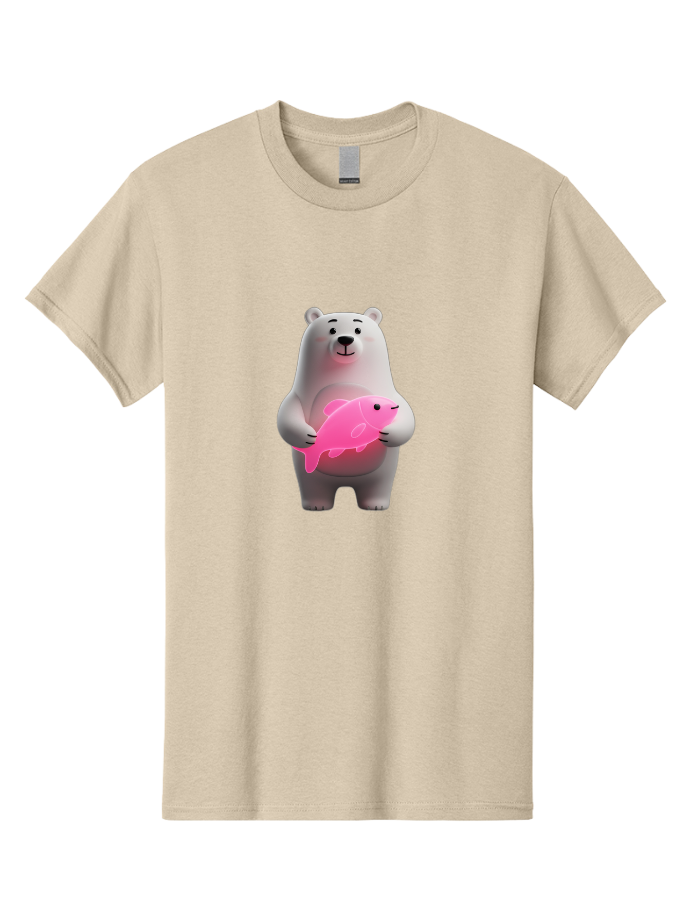 Polar-Bear-Holding-Fish-1 Men'S Graphic Tee, 100% Cotton, Comfortable Casual Summer Wear, Machine Washable, Cartoon Polar Bear, Cute Illustration, White Bear, Pink Fish, Adorable Scene, Kawaii Art, Digital Character, Smiling Bear, Holding Fish Bae648