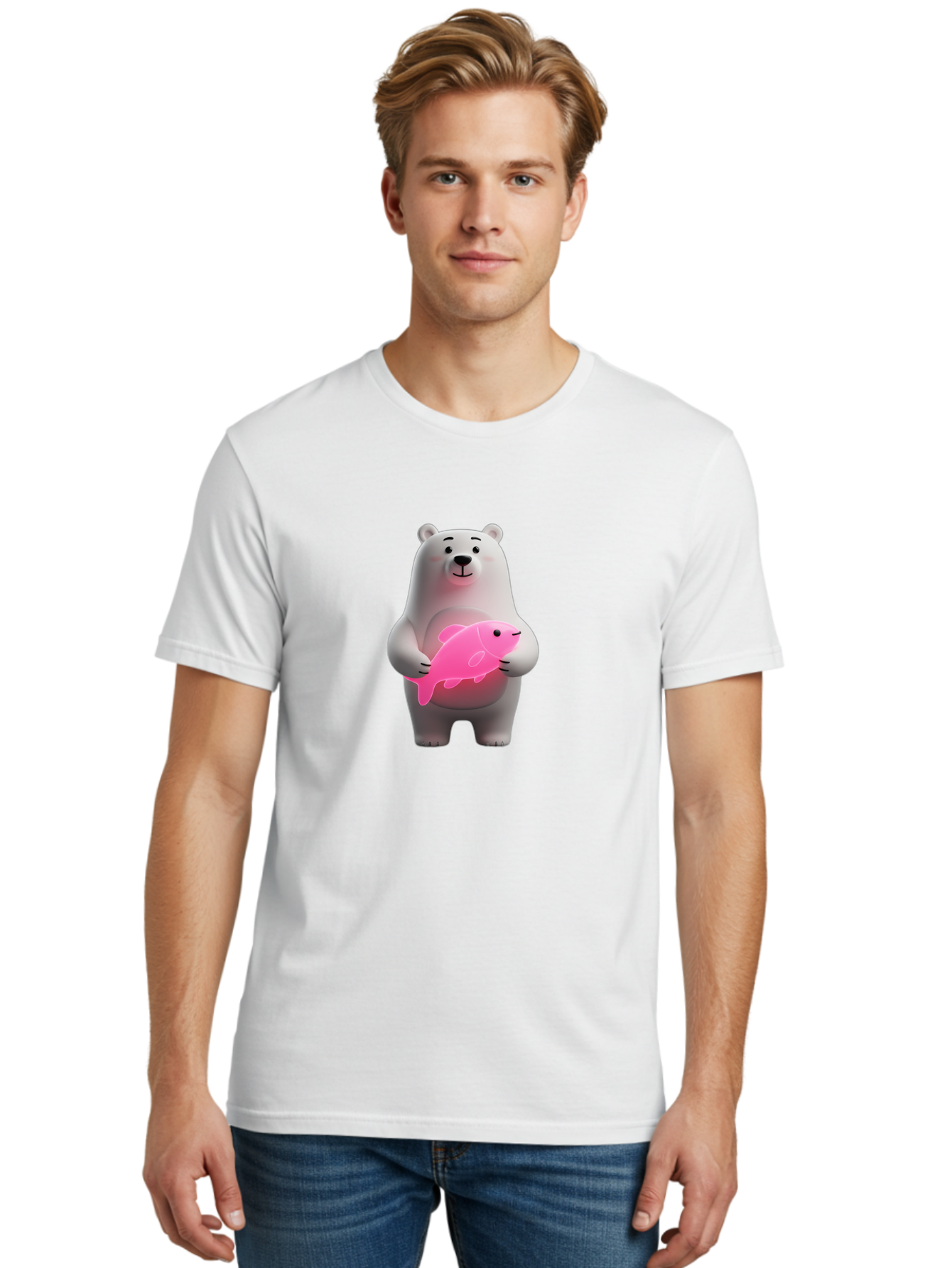 Polar-Bear-Holding-Fish-1 Men'S Graphic Tee, 100% Cotton, Comfortable Casual Summer Wear, Machine Washable, Cartoon Polar Bear, Cute Illustration, White Bear, Pink Fish, Adorable Scene, Kawaii Art, Digital Character, Smiling Bear, Holding Fish Bae648