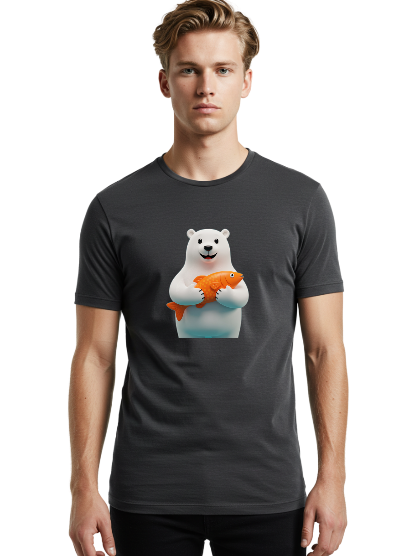 Polar-Bear-Holding-Fish Men'S Graphic Tee, 100% Cotton, Comfortable Casual Summer Wear, Machine Washable, White Polar Bear, Orange Fish, Cartoon Character, Smiling Bear, Holding A Fish, Kawaii Animal, 3D Illustration, Cute Bear, Bae649