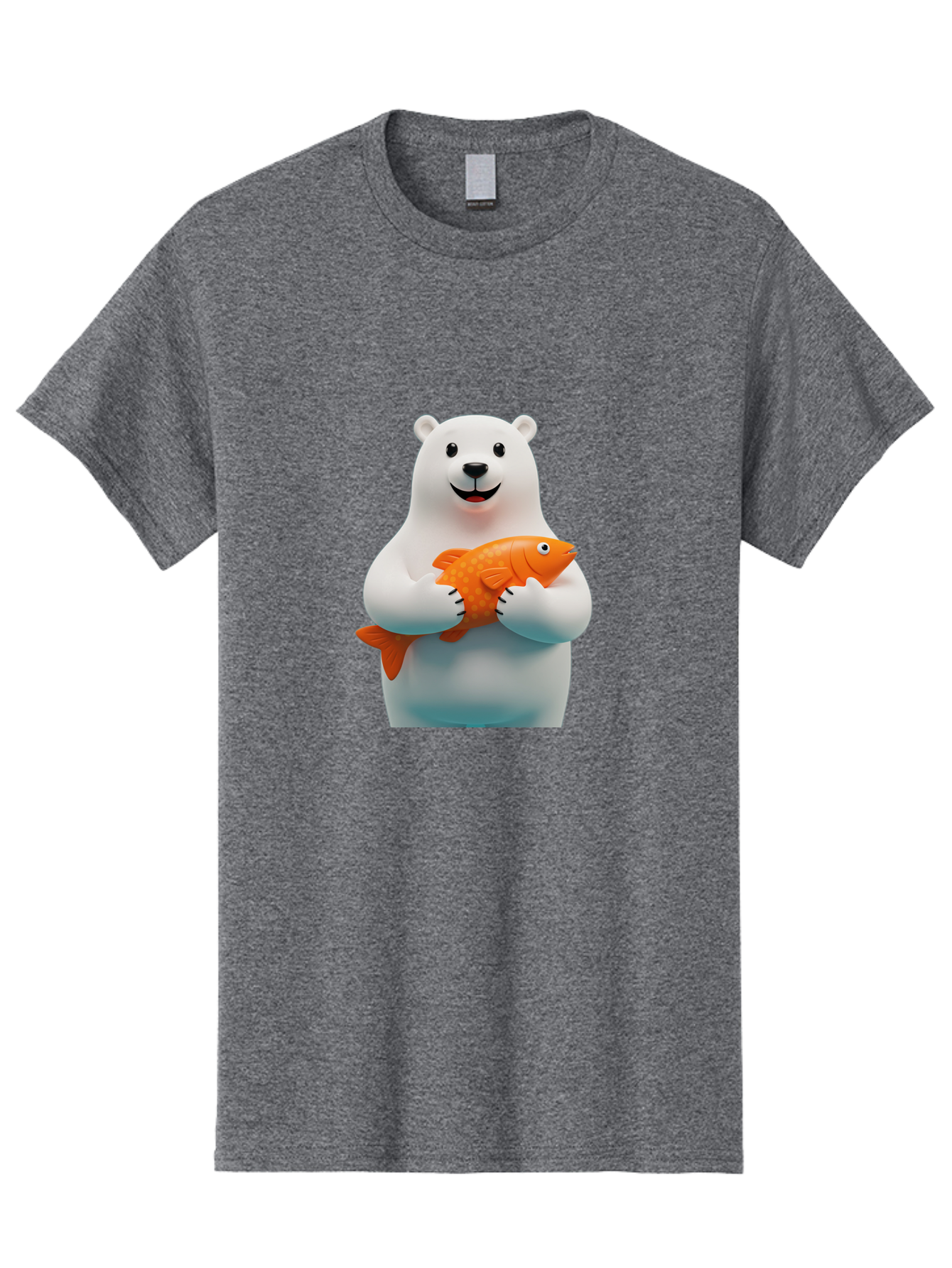 Polar-Bear-Holding-Fish Men'S Graphic Tee, 100% Cotton, Comfortable Casual Summer Wear, Machine Washable, White Polar Bear, Orange Fish, Cartoon Character, Smiling Bear, Holding A Fish, Kawaii Animal, 3D Illustration, Cute Bear, Bae649