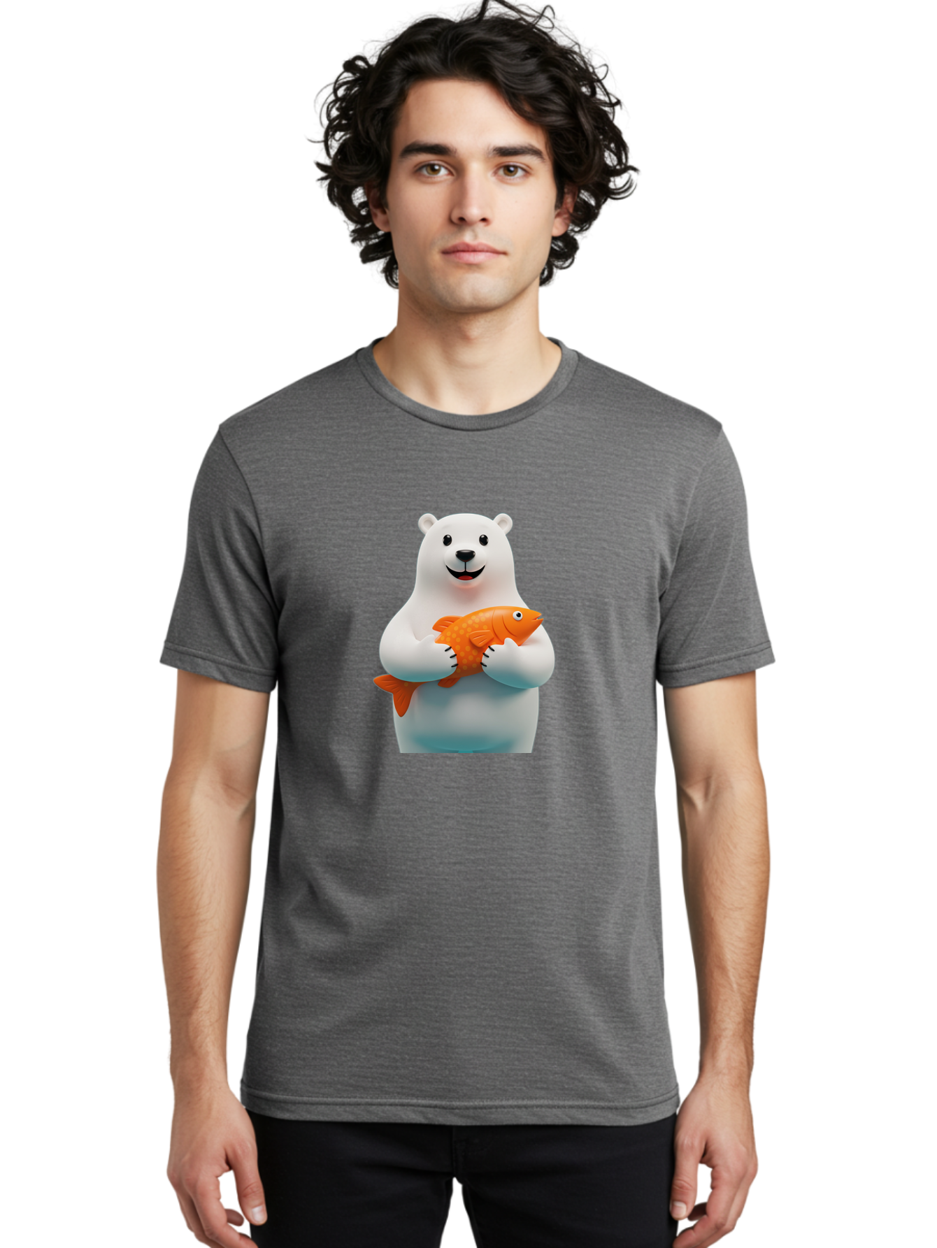 Polar-Bear-Holding-Fish Men'S Graphic Tee, 100% Cotton, Comfortable Casual Summer Wear, Machine Washable, White Polar Bear, Orange Fish, Cartoon Character, Smiling Bear, Holding A Fish, Kawaii Animal, 3D Illustration, Cute Bear, Bae649