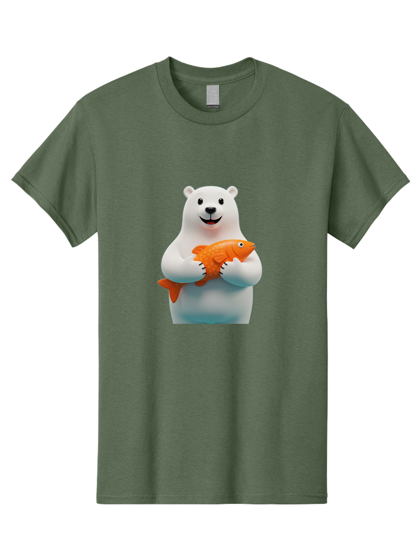 Polar-Bear-Holding-Fish Men'S Graphic Tee, 100% Cotton, Comfortable Casual Summer Wear, Machine Washable, White Polar Bear, Orange Fish, Cartoon Character, Smiling Bear, Holding A Fish, Kawaii Animal, 3D Illustration, Cute Bear, Bae649