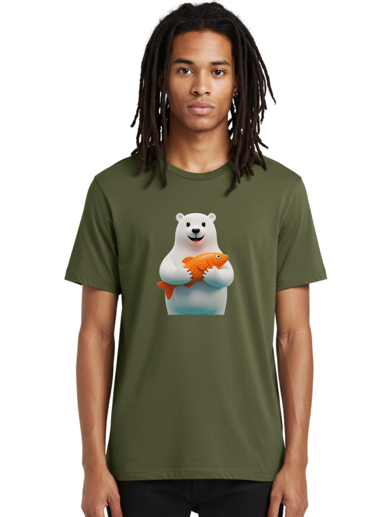 Polar-Bear-Holding-Fish Men'S Graphic Tee, 100% Cotton, Comfortable Casual Summer Wear, Machine Washable, White Polar Bear, Orange Fish, Cartoon Character, Smiling Bear, Holding A Fish, Kawaii Animal, 3D Illustration, Cute Bear, Bae649