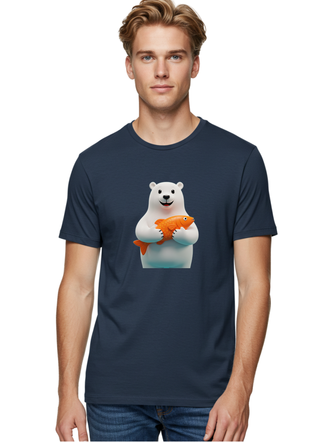 Polar-Bear-Holding-Fish Men'S Graphic Tee, 100% Cotton, Comfortable Casual Summer Wear, Machine Washable, White Polar Bear, Orange Fish, Cartoon Character, Smiling Bear, Holding A Fish, Kawaii Animal, 3D Illustration, Cute Bear, Bae649