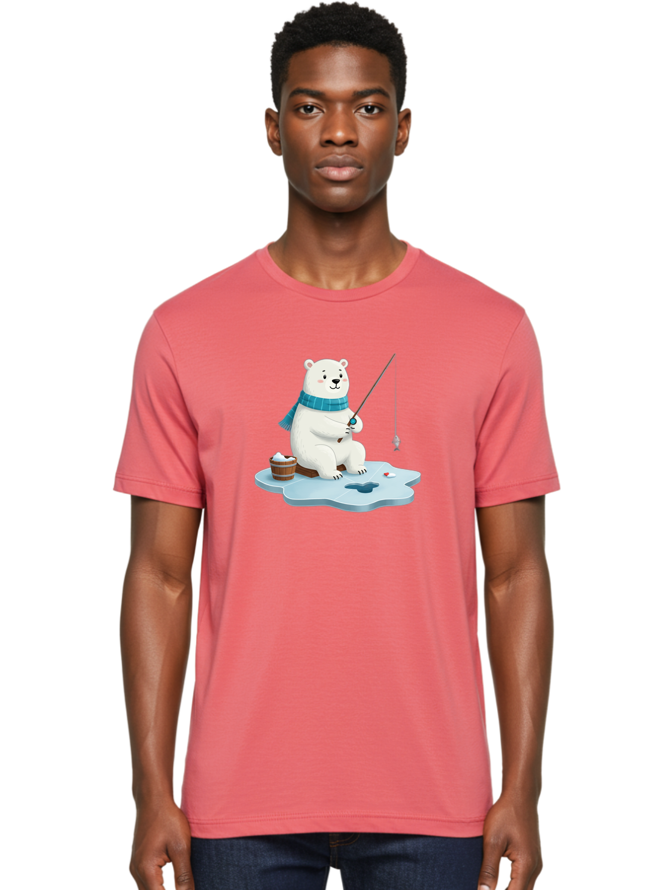 Polar-Bear-Ice-Fishing Men'S Graphic Tee, 100% Cotton, Comfortable Casual Summer Wear, Machine Washable, Polar Bear Ice Fishing, Cartoon Polar Bear, Fishing Rod, Winter Activity, Arctic Scene, Ice Hole, Fishing Bucket, Winter Fun, Bae651