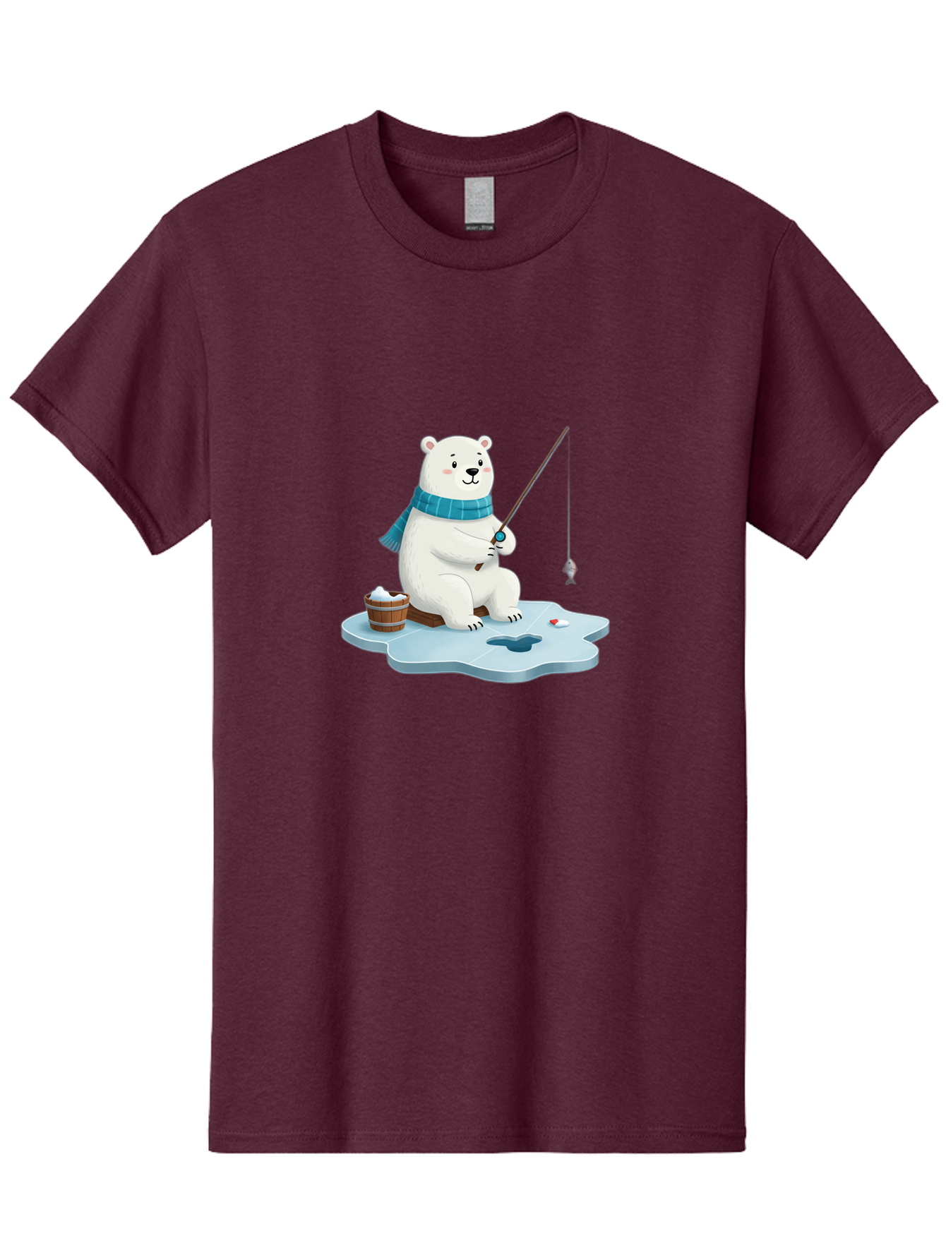Polar-Bear-Ice-Fishing Men'S Graphic Tee, 100% Cotton, Comfortable Casual Summer Wear, Machine Washable, Polar Bear Ice Fishing, Cartoon Polar Bear, Fishing Rod, Winter Activity, Arctic Scene, Ice Hole, Fishing Bucket, Winter Fun, Bae651
