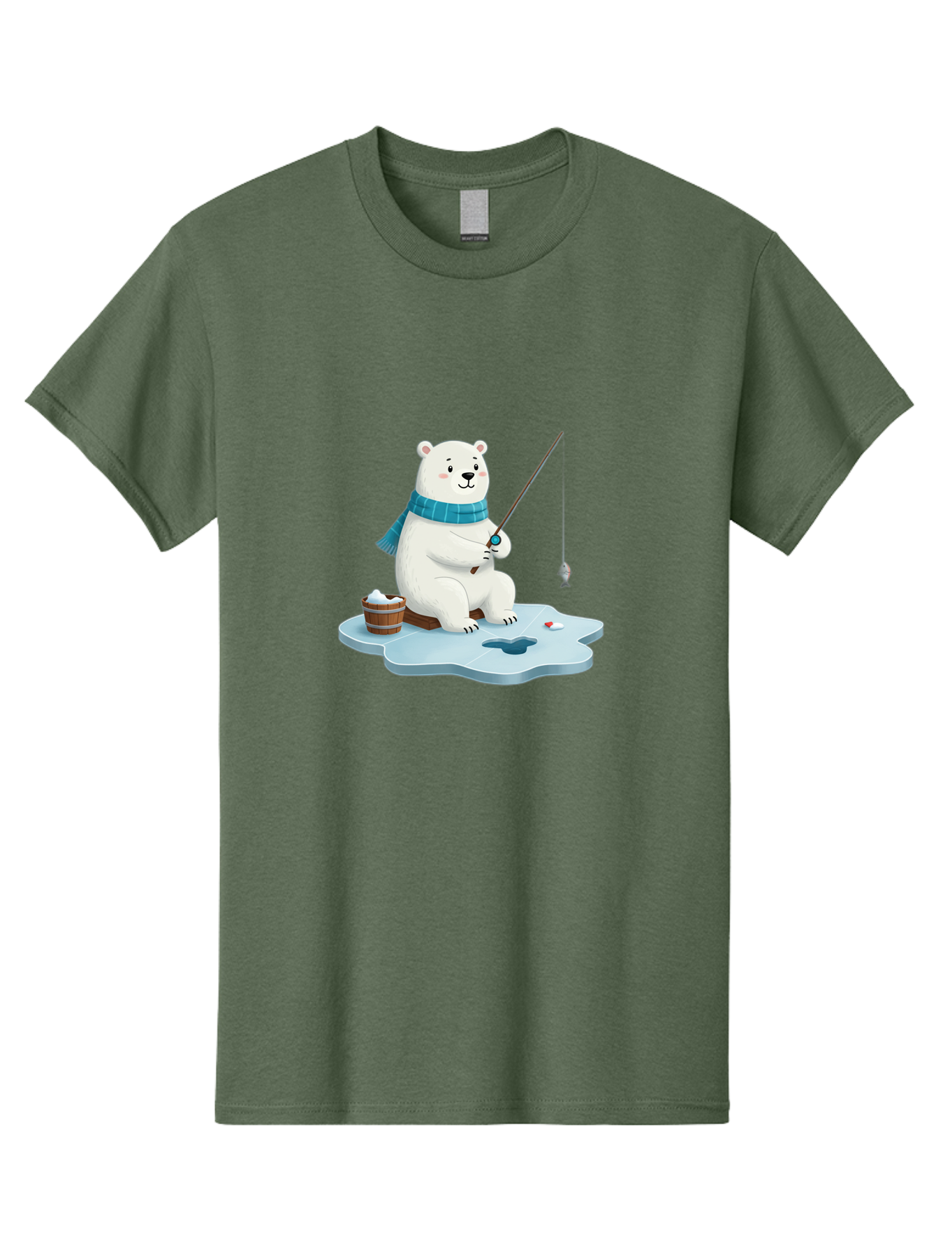 Polar-Bear-Ice-Fishing Men'S Graphic Tee, 100% Cotton, Comfortable Casual Summer Wear, Machine Washable, Polar Bear Ice Fishing, Cartoon Polar Bear, Fishing Rod, Winter Activity, Arctic Scene, Ice Hole, Fishing Bucket, Winter Fun, Bae651