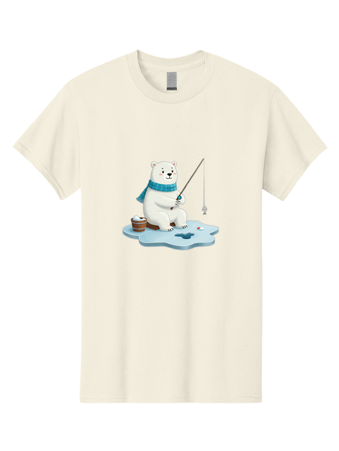 Polar-Bear-Ice-Fishing Men'S Graphic Tee, 100% Cotton, Comfortable Casual Summer Wear, Machine Washable, Polar Bear Ice Fishing, Cartoon Polar Bear, Fishing Rod, Winter Activity, Arctic Scene, Ice Hole, Fishing Bucket, Winter Fun, Bae651