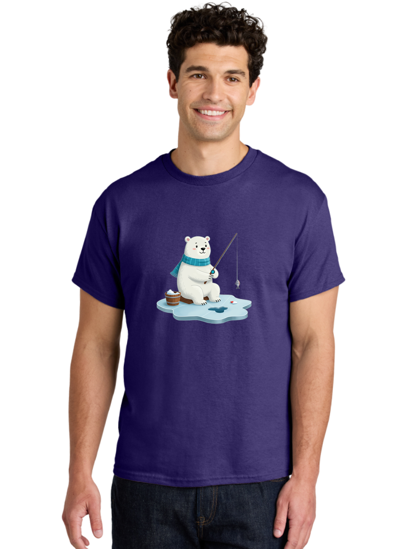 Polar-Bear-Ice-Fishing Men'S Graphic Tee, 100% Cotton, Comfortable Casual Summer Wear, Machine Washable, Polar Bear Ice Fishing, Cartoon Polar Bear, Fishing Rod, Winter Activity, Arctic Scene, Ice Hole, Fishing Bucket, Winter Fun, Bae651