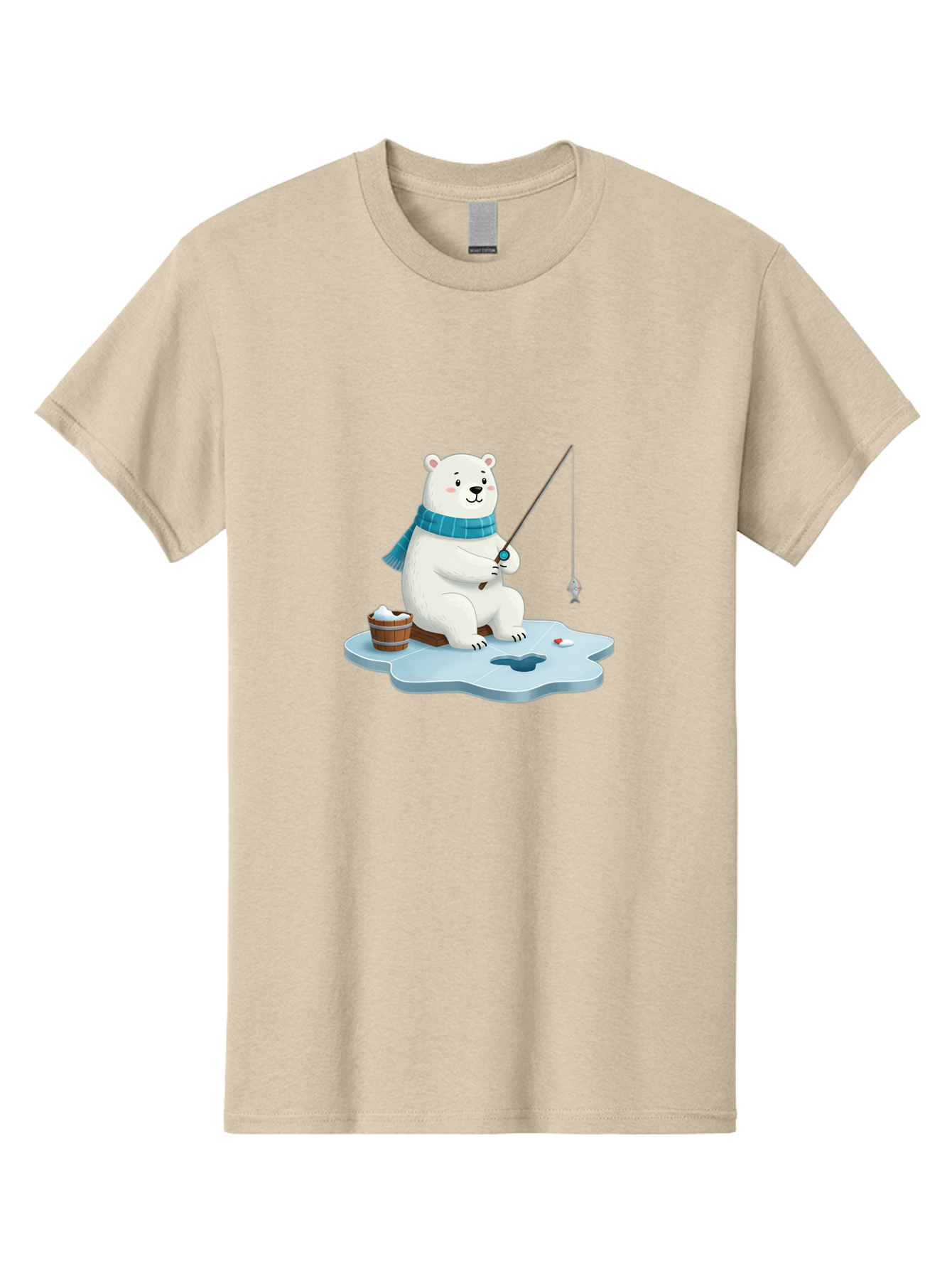 Polar-Bear-Ice-Fishing Men'S Graphic Tee, 100% Cotton, Comfortable Casual Summer Wear, Machine Washable, Polar Bear Ice Fishing, Cartoon Polar Bear, Fishing Rod, Winter Activity, Arctic Scene, Ice Hole, Fishing Bucket, Winter Fun, Bae651