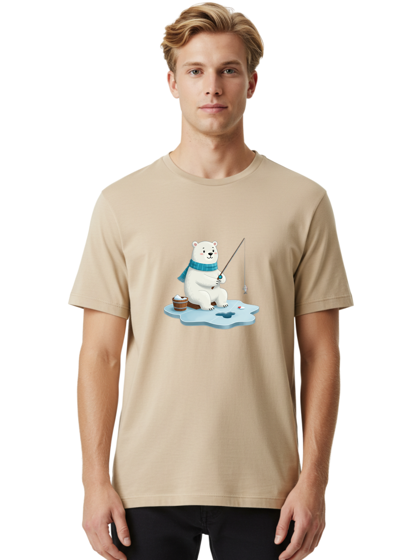 Polar-Bear-Ice-Fishing Men'S Graphic Tee, 100% Cotton, Comfortable Casual Summer Wear, Machine Washable, Polar Bear Ice Fishing, Cartoon Polar Bear, Fishing Rod, Winter Activity, Arctic Scene, Ice Hole, Fishing Bucket, Winter Fun, Bae651