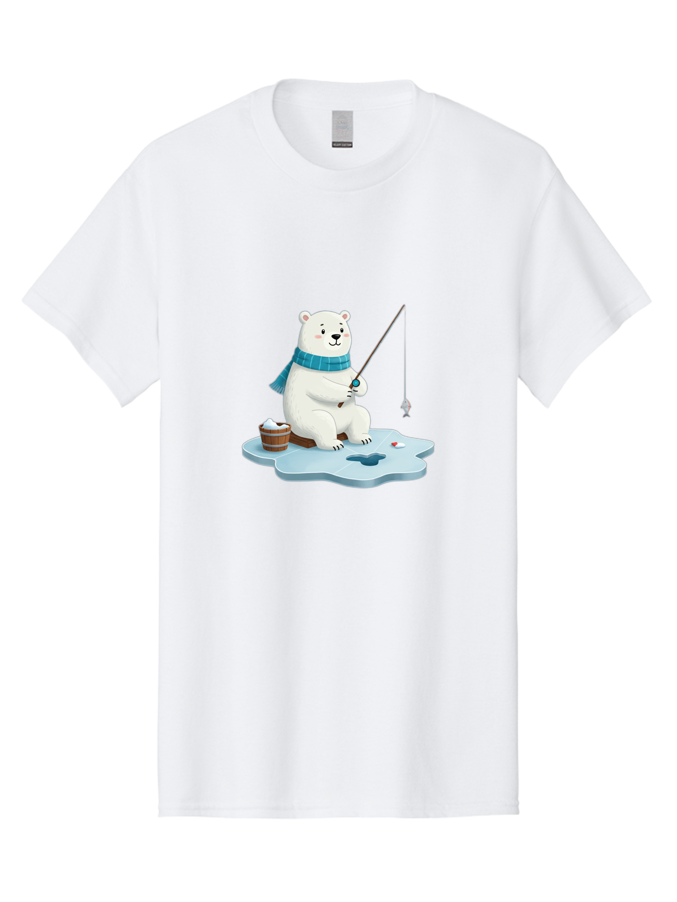 Polar-Bear-Ice-Fishing Men'S Graphic Tee, 100% Cotton, Comfortable Casual Summer Wear, Machine Washable, Polar Bear Ice Fishing, Cartoon Polar Bear, Fishing Rod, Winter Activity, Arctic Scene, Ice Hole, Fishing Bucket, Winter Fun, Bae651