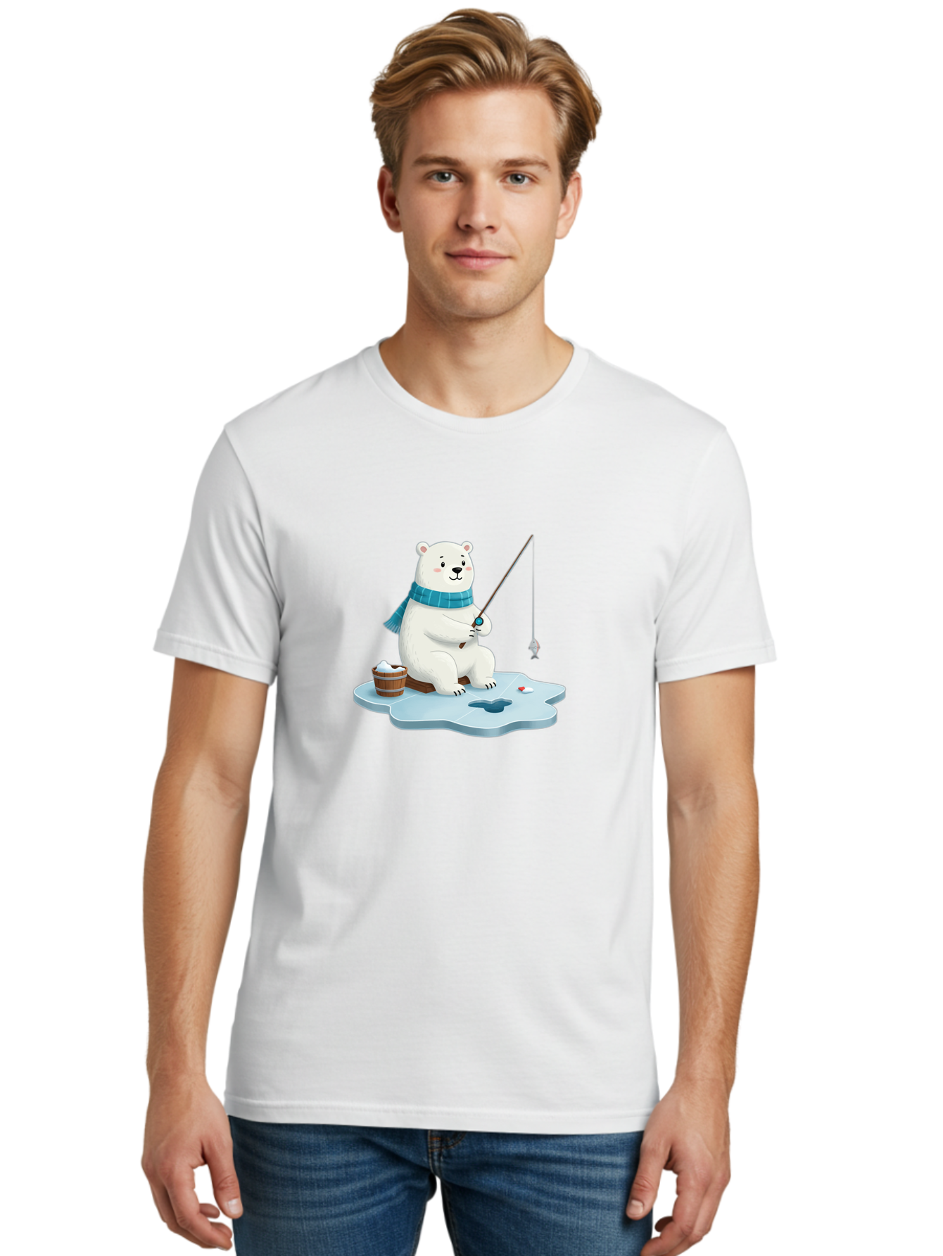 Polar-Bear-Ice-Fishing Men'S Graphic Tee, 100% Cotton, Comfortable Casual Summer Wear, Machine Washable, Polar Bear Ice Fishing, Cartoon Polar Bear, Fishing Rod, Winter Activity, Arctic Scene, Ice Hole, Fishing Bucket, Winter Fun, Bae651