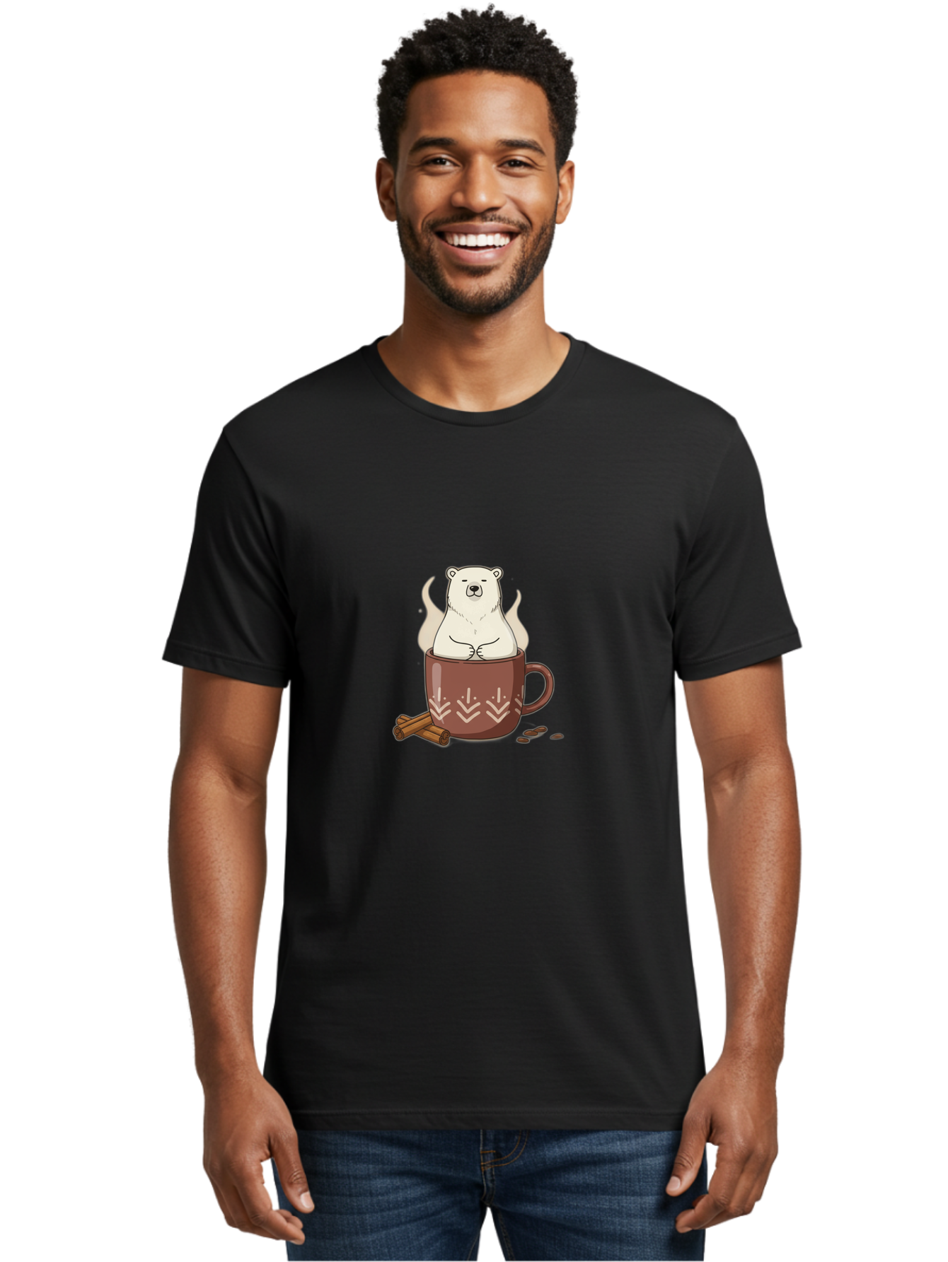 Polar-Bear-In-Coffee-Mug-1 Men'S Graphic Tee, 100% Cotton, Comfortable Casual Summer Wear, Machine Washable, Polar Bear In A Cup, Coffee Lover, Cinnamon Sticks, Coffee Beans, Relaxing Bear, Cute Cartoon, Steaming Hot Coffee, Winter Warmth, Bae652