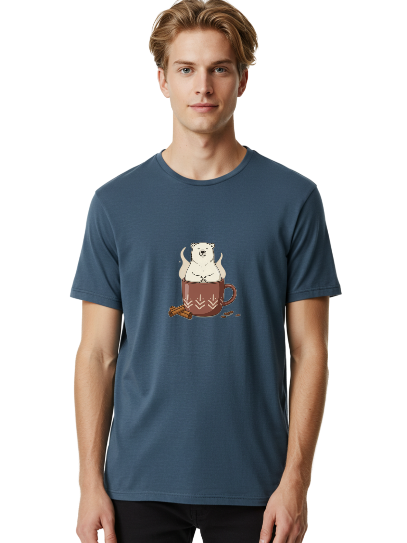 Polar-Bear-In-Coffee-Mug-1 Men'S Graphic Tee, 100% Cotton, Comfortable Casual Summer Wear, Machine Washable, Polar Bear In A Cup, Coffee Lover, Cinnamon Sticks, Coffee Beans, Relaxing Bear, Cute Cartoon, Steaming Hot Coffee, Winter Warmth, Bae652
