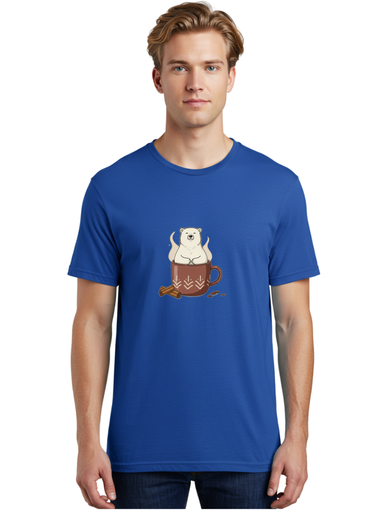 Polar-Bear-In-Coffee-Mug-1 Men'S Graphic Tee, 100% Cotton, Comfortable Casual Summer Wear, Machine Washable, Polar Bear In A Cup, Coffee Lover, Cinnamon Sticks, Coffee Beans, Relaxing Bear, Cute Cartoon, Steaming Hot Coffee, Winter Warmth, Bae652