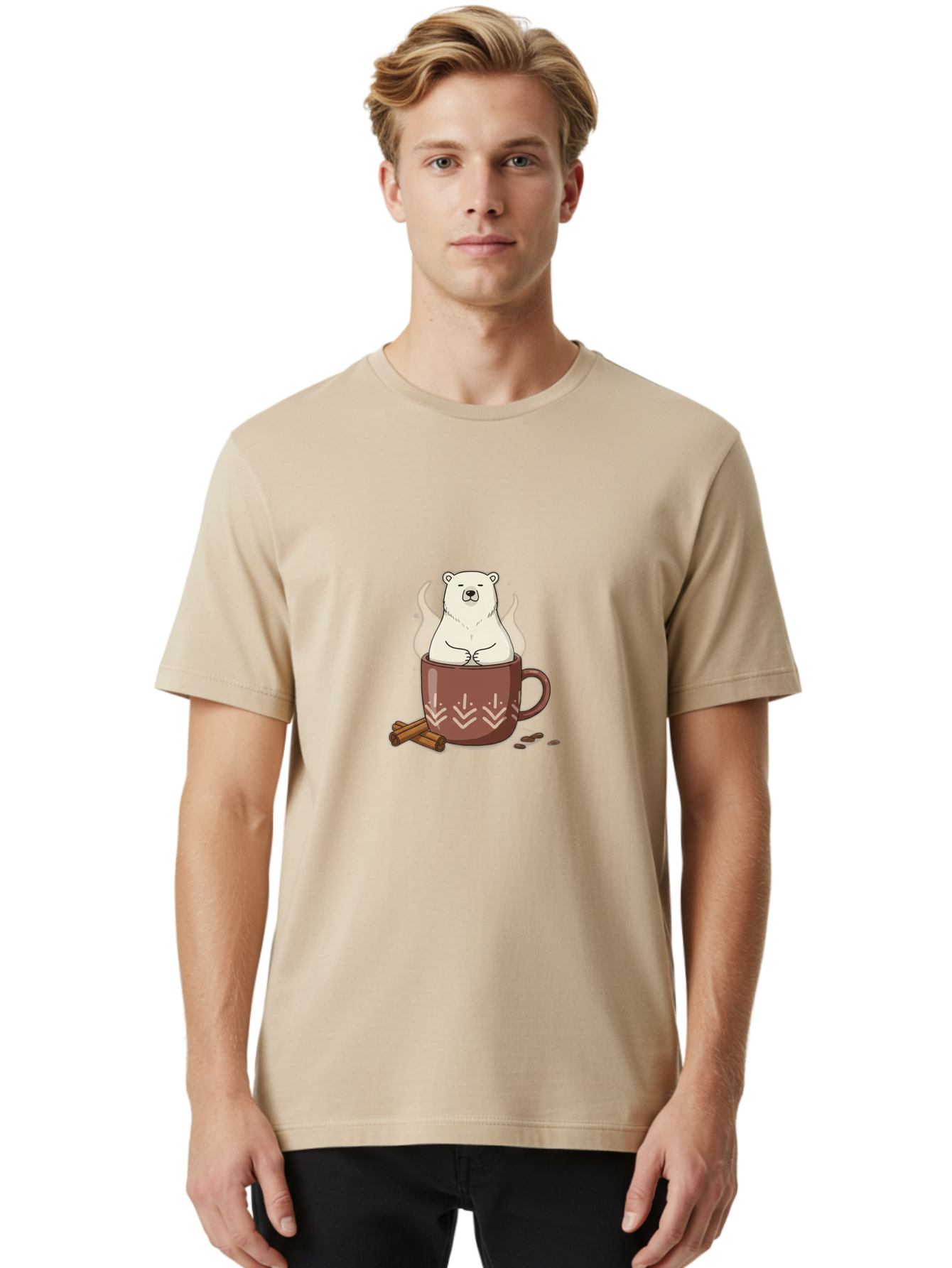 Polar-Bear-In-Coffee-Mug-1 Men'S Graphic Tee, 100% Cotton, Comfortable Casual Summer Wear, Machine Washable, Polar Bear In A Cup, Coffee Lover, Cinnamon Sticks, Coffee Beans, Relaxing Bear, Cute Cartoon, Steaming Hot Coffee, Winter Warmth, Bae652