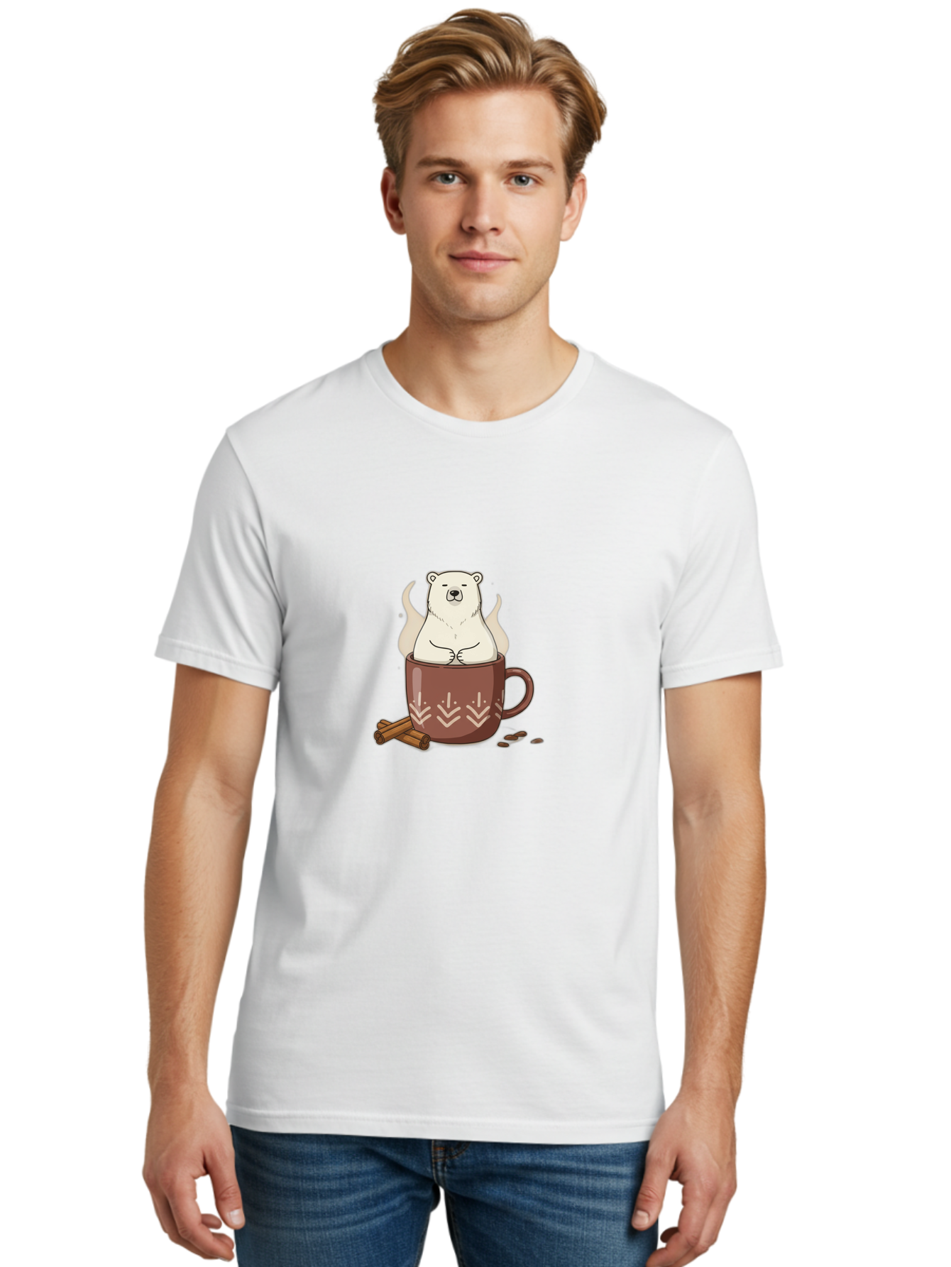 Polar-Bear-In-Coffee-Mug-1 Men'S Graphic Tee, 100% Cotton, Comfortable Casual Summer Wear, Machine Washable, Polar Bear In A Cup, Coffee Lover, Cinnamon Sticks, Coffee Beans, Relaxing Bear, Cute Cartoon, Steaming Hot Coffee, Winter Warmth, Bae652