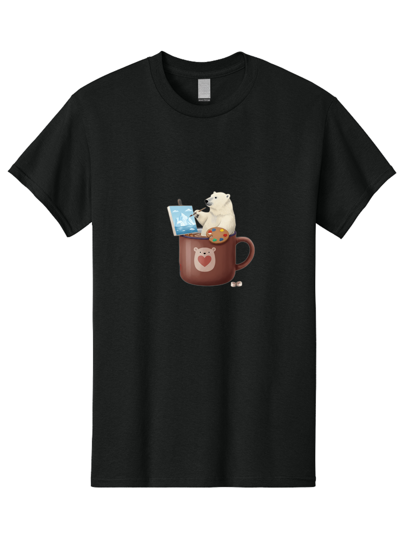 Polar-Bear-In-Coffee-Mug-2 Men'S Graphic Tee, 100% Cotton, Comfortable Casual Summer Wear, Machine Washable, Polar Bear Painting On A Digital Tablet, Artistic Creativity, Polar Bear Mug, Heart Design, Paint Palette, Whimsical Art, Bae653