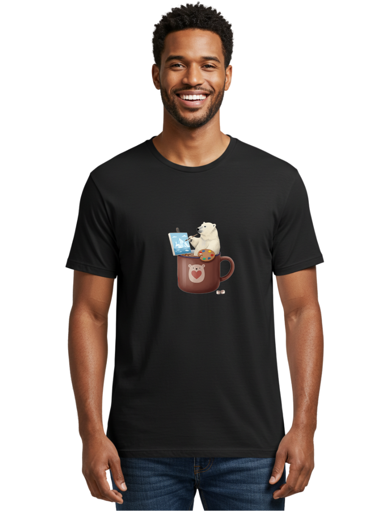 Polar-Bear-In-Coffee-Mug-2 Men'S Graphic Tee, 100% Cotton, Comfortable Casual Summer Wear, Machine Washable, Polar Bear Painting On A Digital Tablet, Artistic Creativity, Polar Bear Mug, Heart Design, Paint Palette, Whimsical Art, Bae653