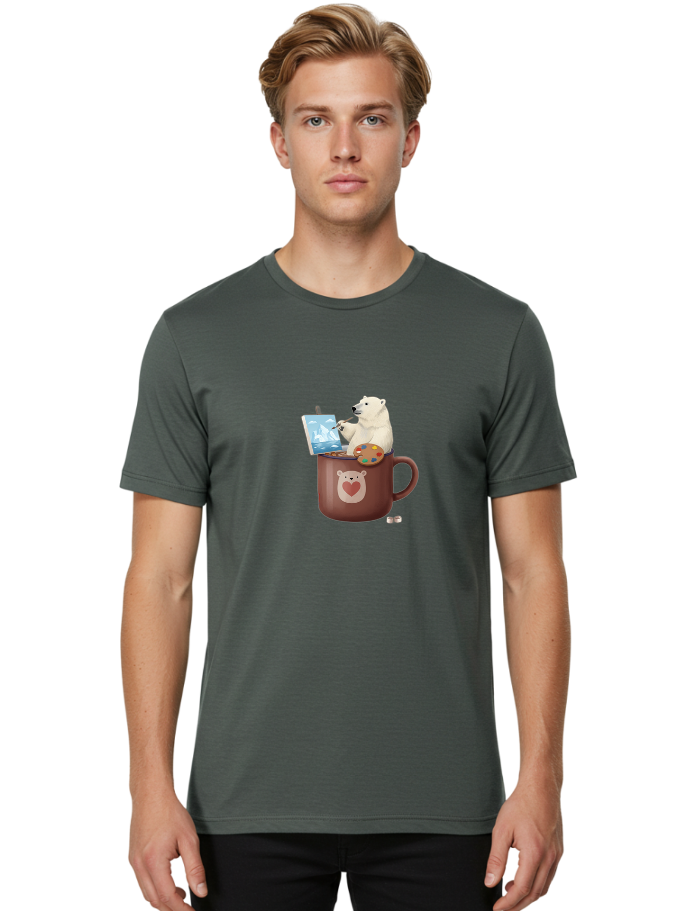 Polar-Bear-In-Coffee-Mug-2 Men'S Graphic Tee, 100% Cotton, Comfortable Casual Summer Wear, Machine Washable, Polar Bear Painting On A Digital Tablet, Artistic Creativity, Polar Bear Mug, Heart Design, Paint Palette, Whimsical Art, Bae653