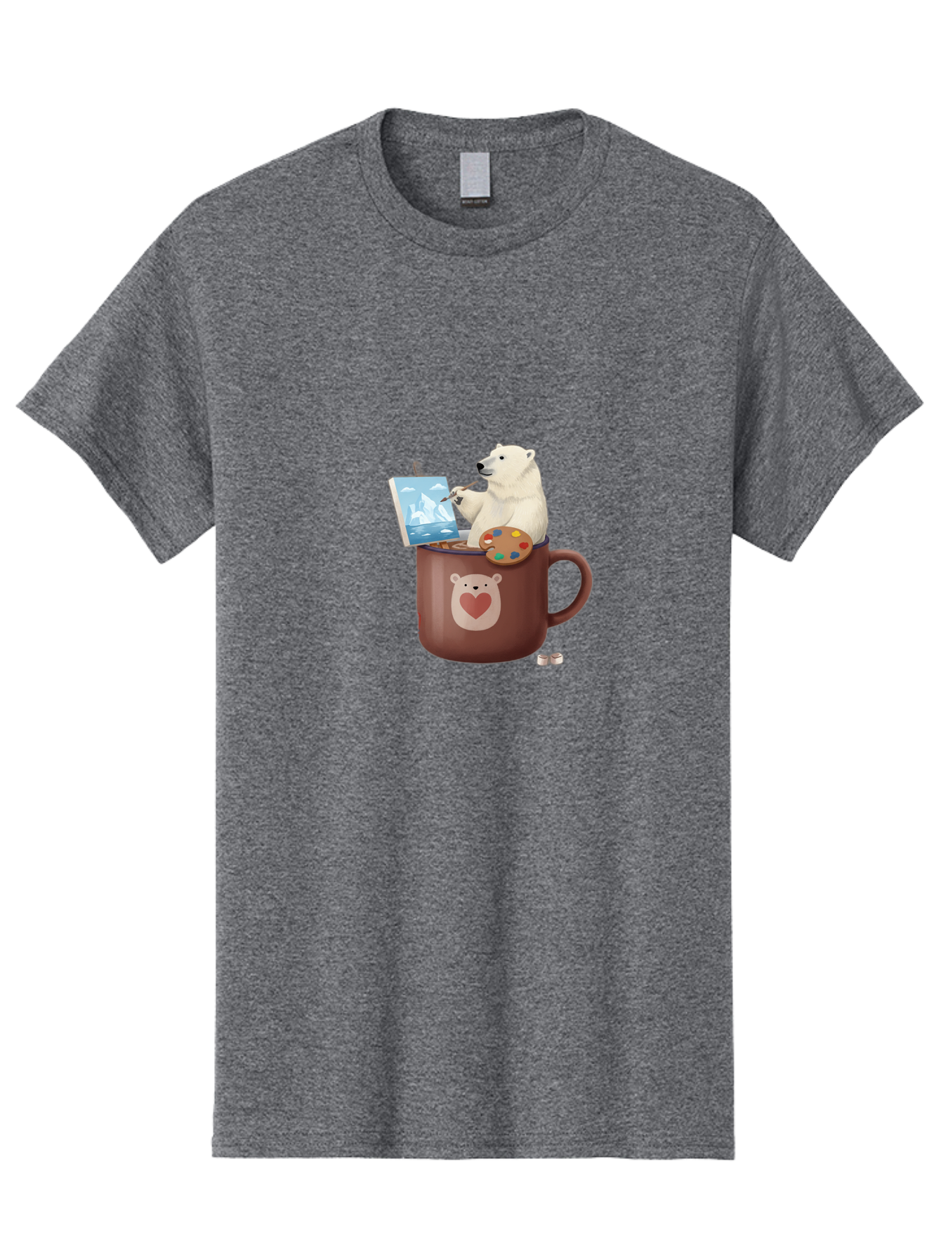 Polar-Bear-In-Coffee-Mug-2 Men'S Graphic Tee, 100% Cotton, Comfortable Casual Summer Wear, Machine Washable, Polar Bear Painting On A Digital Tablet, Artistic Creativity, Polar Bear Mug, Heart Design, Paint Palette, Whimsical Art, Bae653