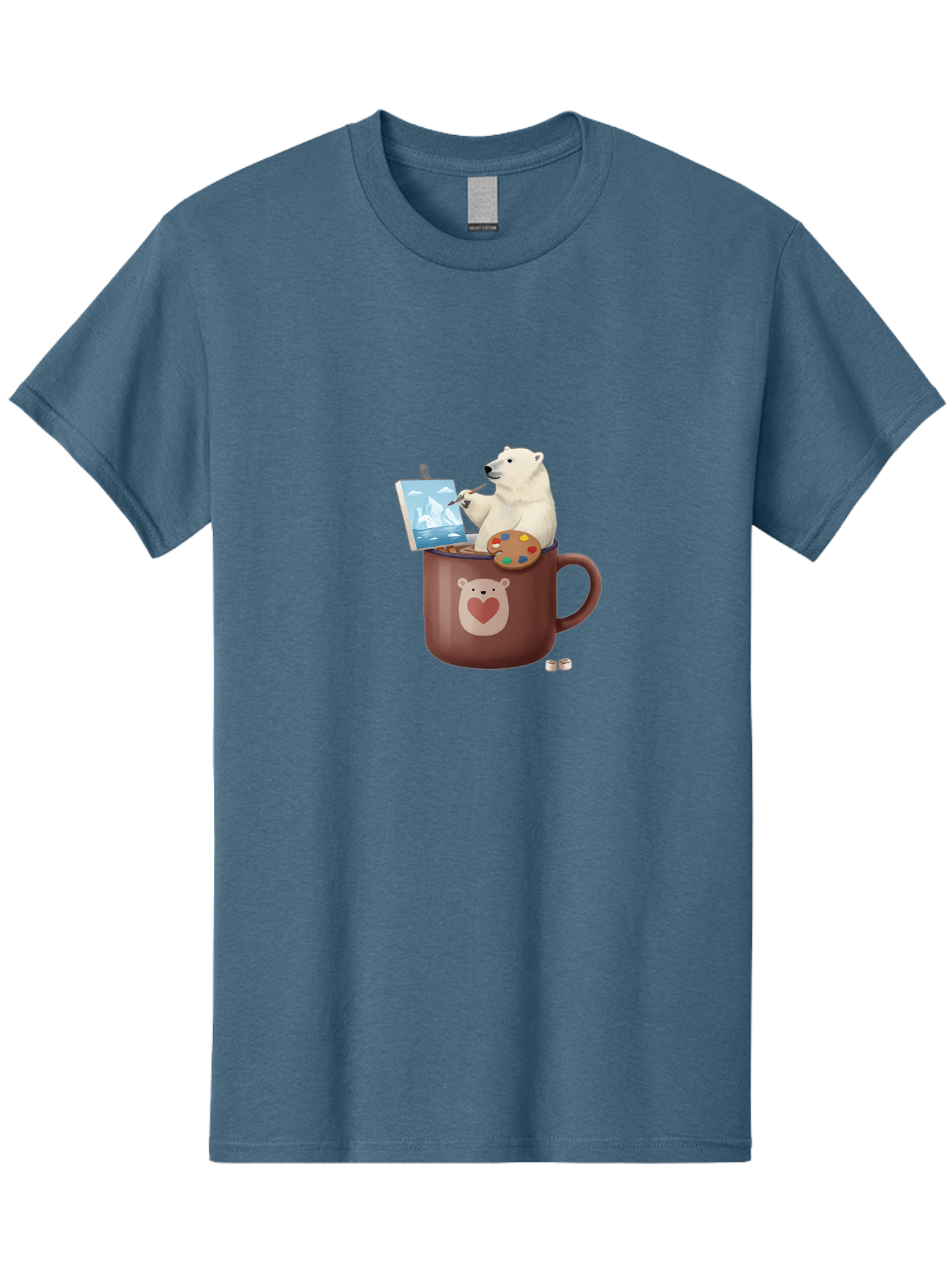 Polar-Bear-In-Coffee-Mug-2 Men'S Graphic Tee, 100% Cotton, Comfortable Casual Summer Wear, Machine Washable, Polar Bear Painting On A Digital Tablet, Artistic Creativity, Polar Bear Mug, Heart Design, Paint Palette, Whimsical Art, Bae653
