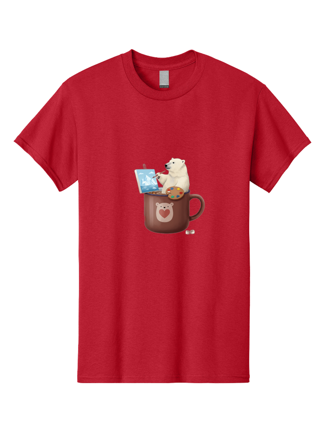 Polar-Bear-In-Coffee-Mug-2 Men'S Graphic Tee, 100% Cotton, Comfortable Casual Summer Wear, Machine Washable, Polar Bear Painting On A Digital Tablet, Artistic Creativity, Polar Bear Mug, Heart Design, Paint Palette, Whimsical Art, Bae653