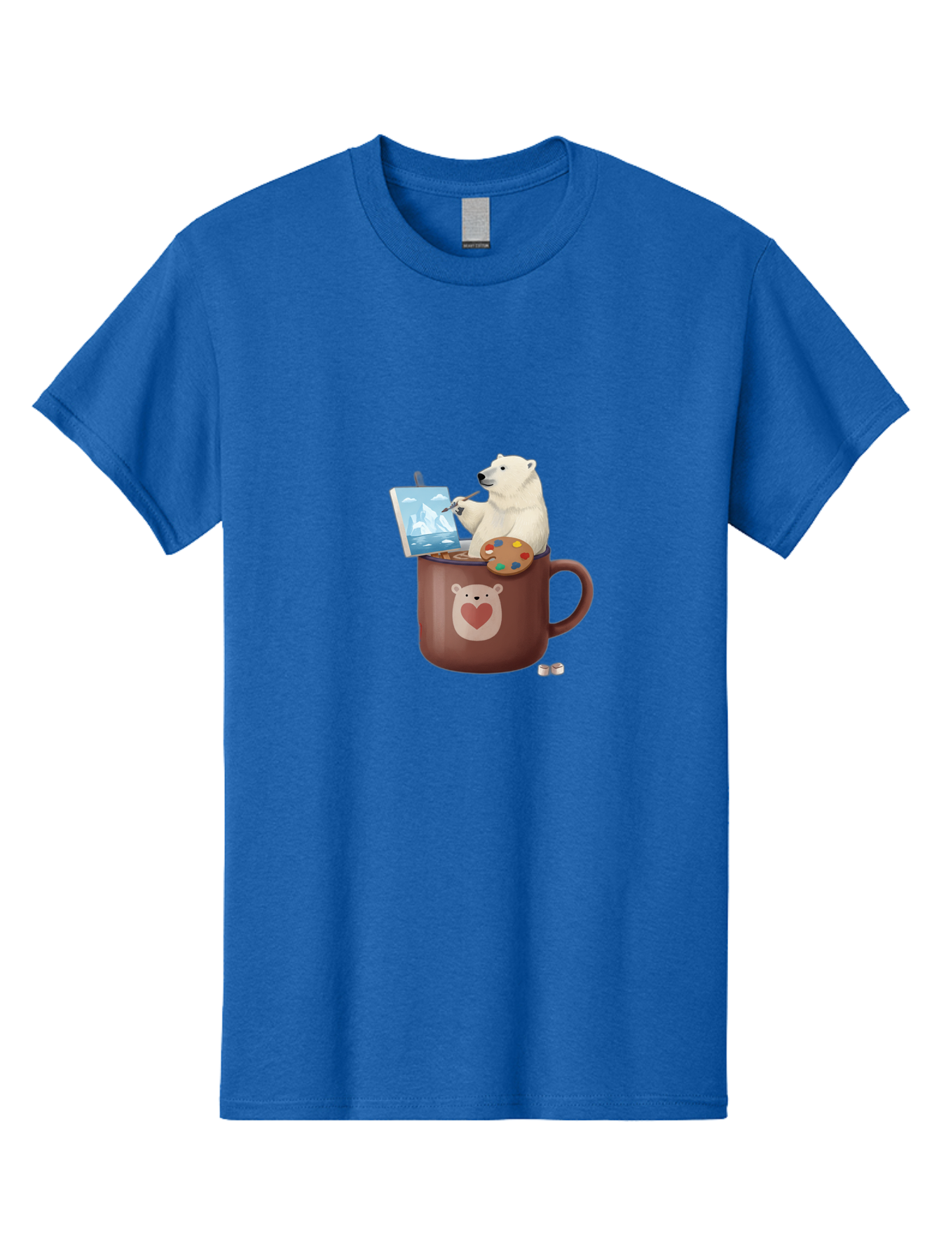 Polar-Bear-In-Coffee-Mug-2 Men'S Graphic Tee, 100% Cotton, Comfortable Casual Summer Wear, Machine Washable, Polar Bear Painting On A Digital Tablet, Artistic Creativity, Polar Bear Mug, Heart Design, Paint Palette, Whimsical Art, Bae653