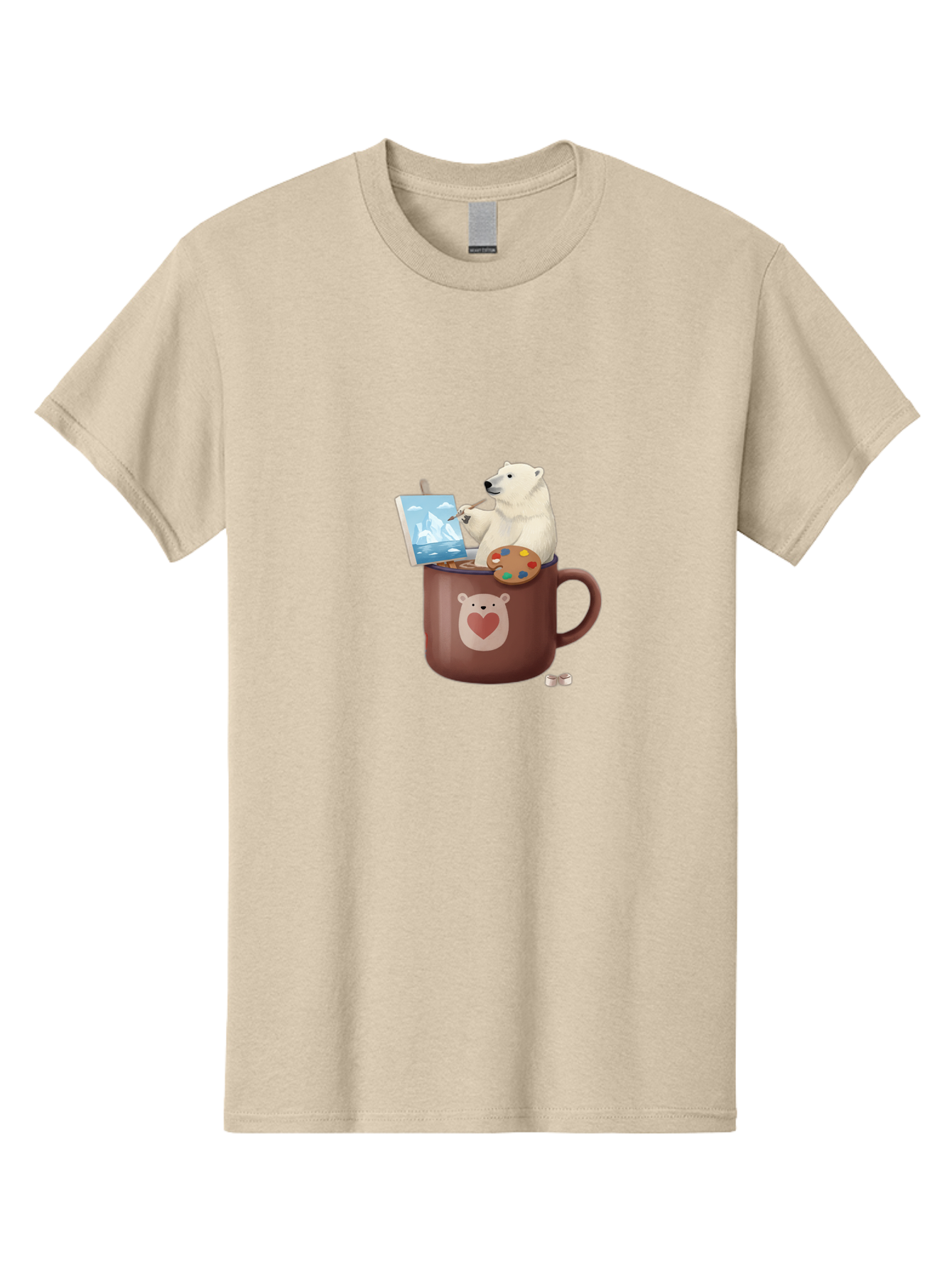 Polar-Bear-In-Coffee-Mug-2 Men'S Graphic Tee, 100% Cotton, Comfortable Casual Summer Wear, Machine Washable, Polar Bear Painting On A Digital Tablet, Artistic Creativity, Polar Bear Mug, Heart Design, Paint Palette, Whimsical Art, Bae653