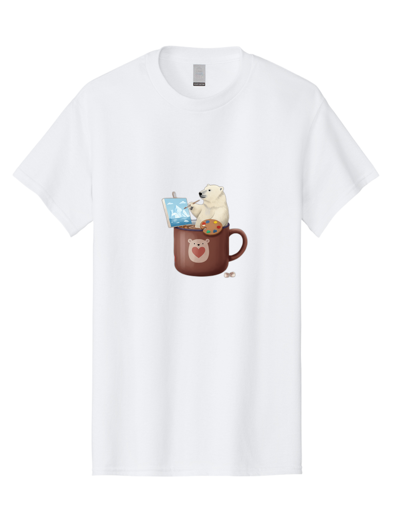 Polar-Bear-In-Coffee-Mug-2 Men'S Graphic Tee, 100% Cotton, Comfortable Casual Summer Wear, Machine Washable, Polar Bear Painting On A Digital Tablet, Artistic Creativity, Polar Bear Mug, Heart Design, Paint Palette, Whimsical Art, Bae653