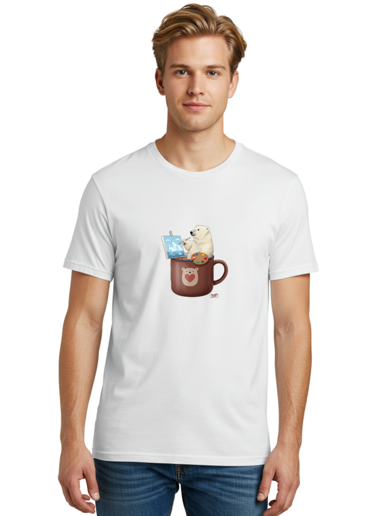 Polar-Bear-In-Coffee-Mug-2 Men'S Graphic Tee, 100% Cotton, Comfortable Casual Summer Wear, Machine Washable, Polar Bear Painting On A Digital Tablet, Artistic Creativity, Polar Bear Mug, Heart Design, Paint Palette, Whimsical Art, Bae653