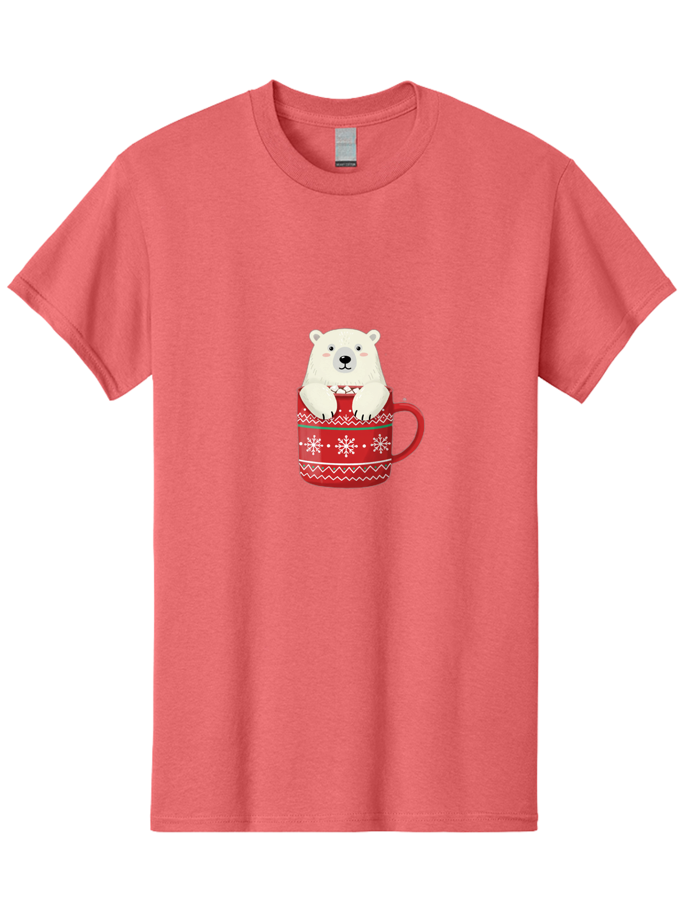Polar-Bear-In-Mug-1 Men'S Graphic Tee, 100% Cotton, Comfortable Casual Summer Wear, Machine Washable, Polar Bear In A Mug, Christmas Mug, Red Mug, Snowflakes, White Bear, Funny Bear, Cartoon Character, Winter Theme, Festive Design, Bae655