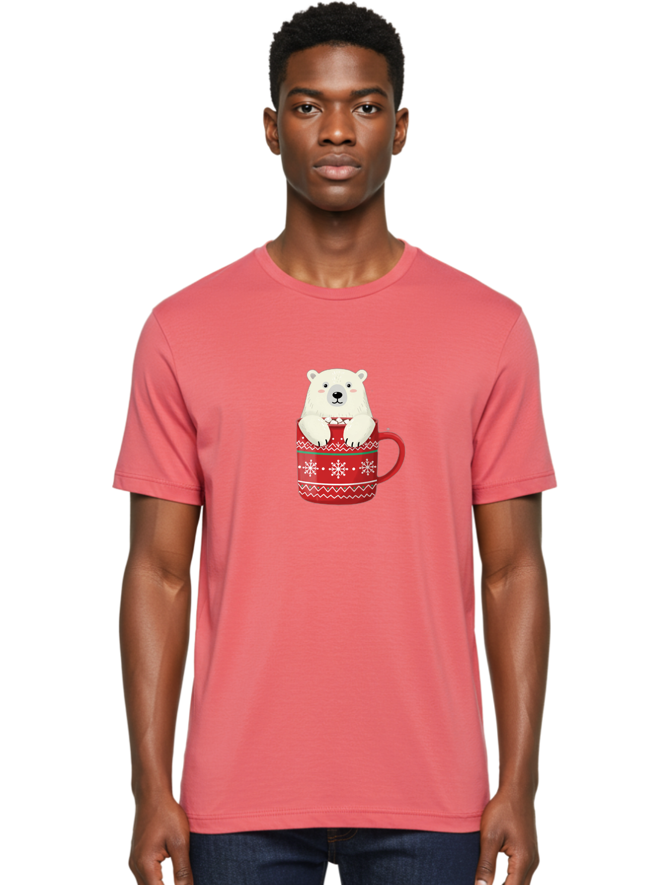 Polar-Bear-In-Mug-1 Men'S Graphic Tee, 100% Cotton, Comfortable Casual Summer Wear, Machine Washable, Polar Bear In A Mug, Christmas Mug, Red Mug, Snowflakes, White Bear, Funny Bear, Cartoon Character, Winter Theme, Festive Design, Bae655