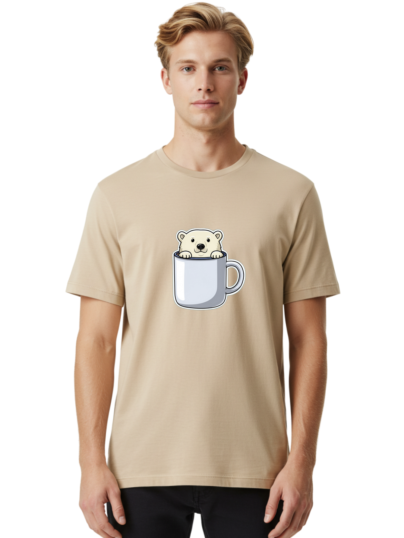 Polar-Bear-In-Mug-2 Men'S Graphic Tee, 100% Cotton, Comfortable Casual Summer Wear, Machine Washable, Polar Bear In Coffee Mug, Cartoon Character, Cute Animal, Funny Illustration, Coffee Break, Morning Routine, Office Humor, Creative Design, Bae656