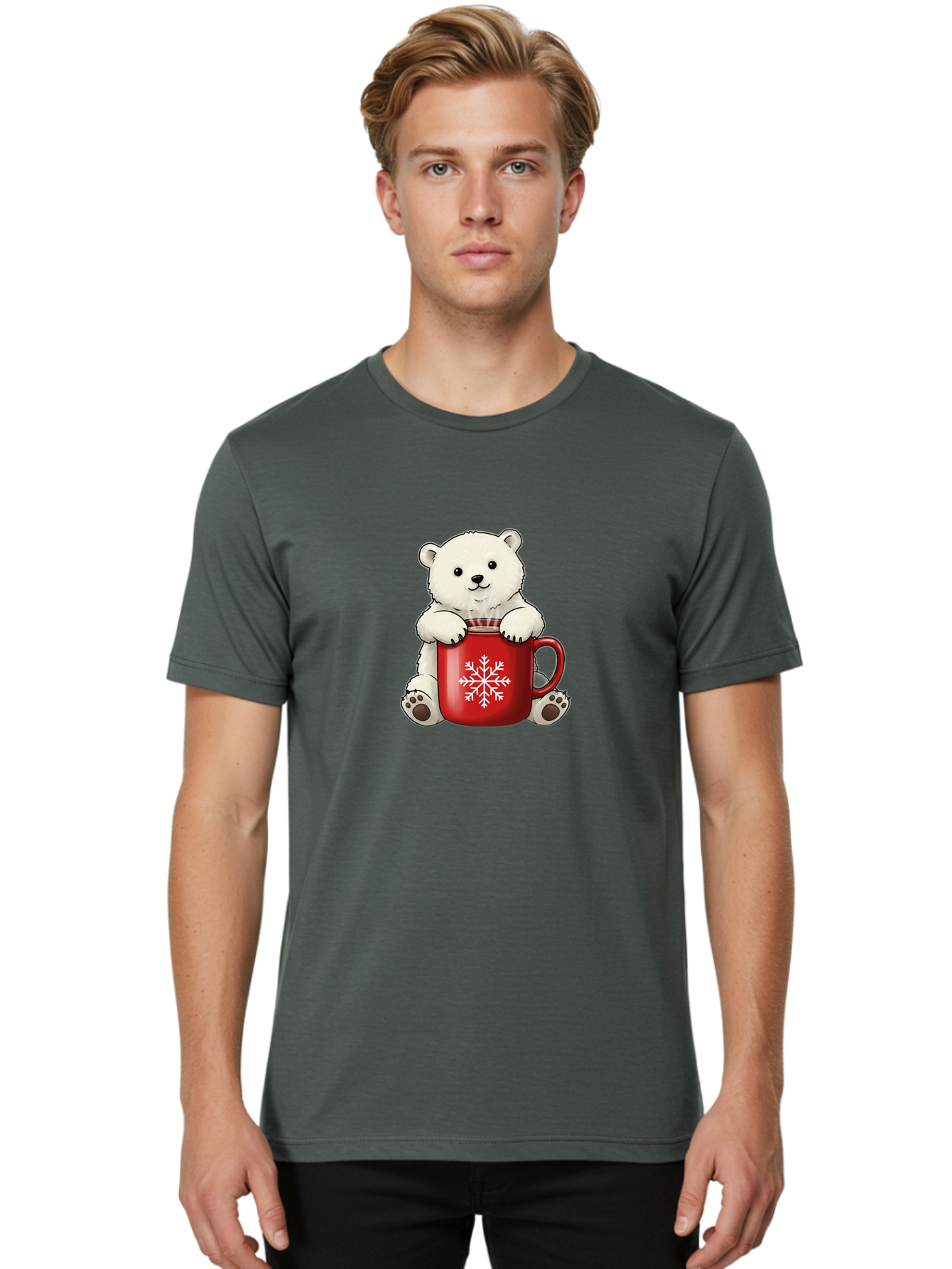 Polar-Bear-In-Mug Men'S Graphic Tee, 100% Cotton, Comfortable Casual Summer Wear, Machine Washable, Polar Bear Holding Red Mug, Snowflake Design, Winter Theme, Christmas Gift, Cute Cartoon Character, Adorable Polar Bear, Holiday Vibes, Bae657