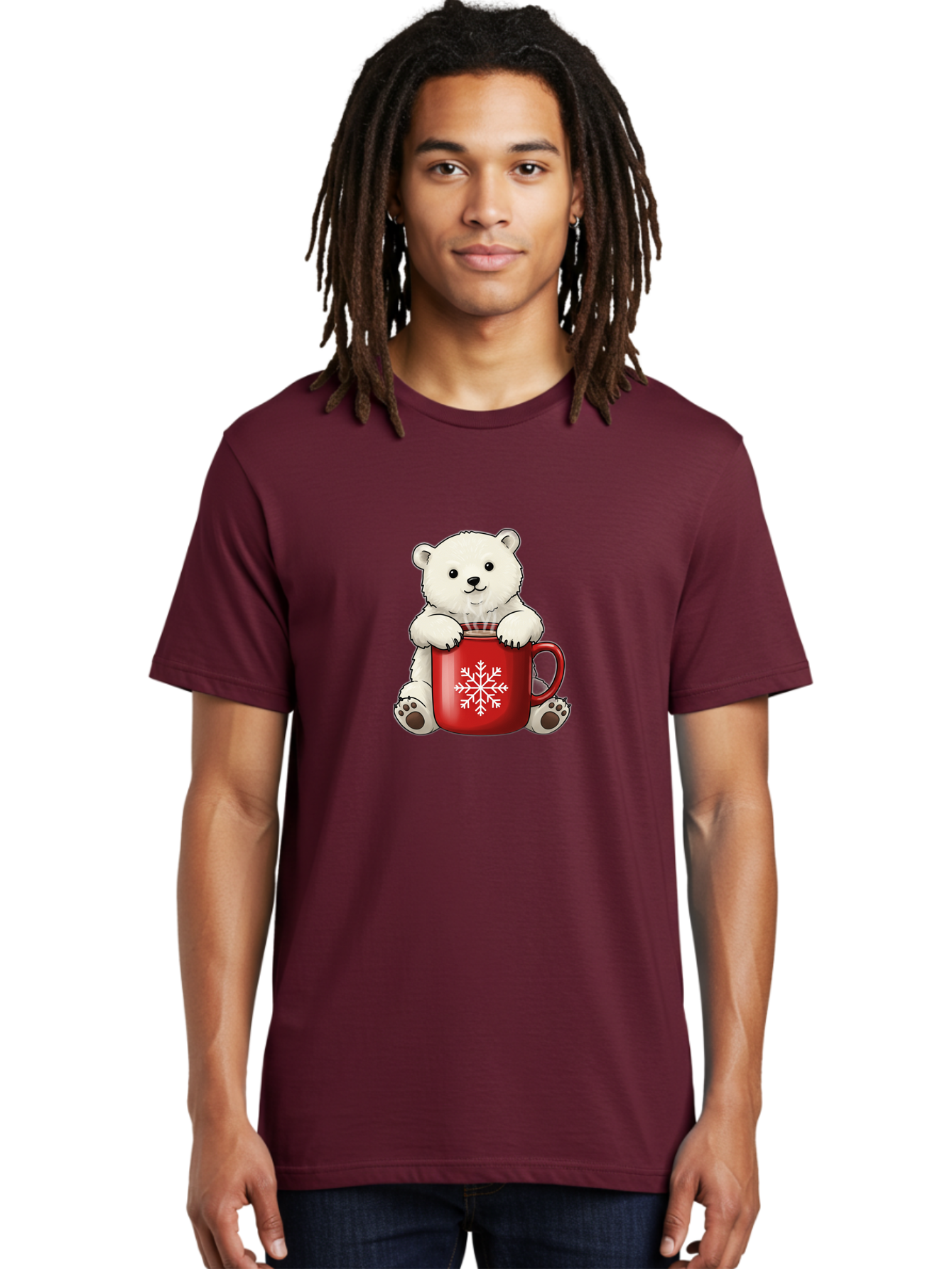 Polar-Bear-In-Mug Men'S Graphic Tee, 100% Cotton, Comfortable Casual Summer Wear, Machine Washable, Polar Bear Holding Red Mug, Snowflake Design, Winter Theme, Christmas Gift, Cute Cartoon Character, Adorable Polar Bear, Holiday Vibes, Bae657