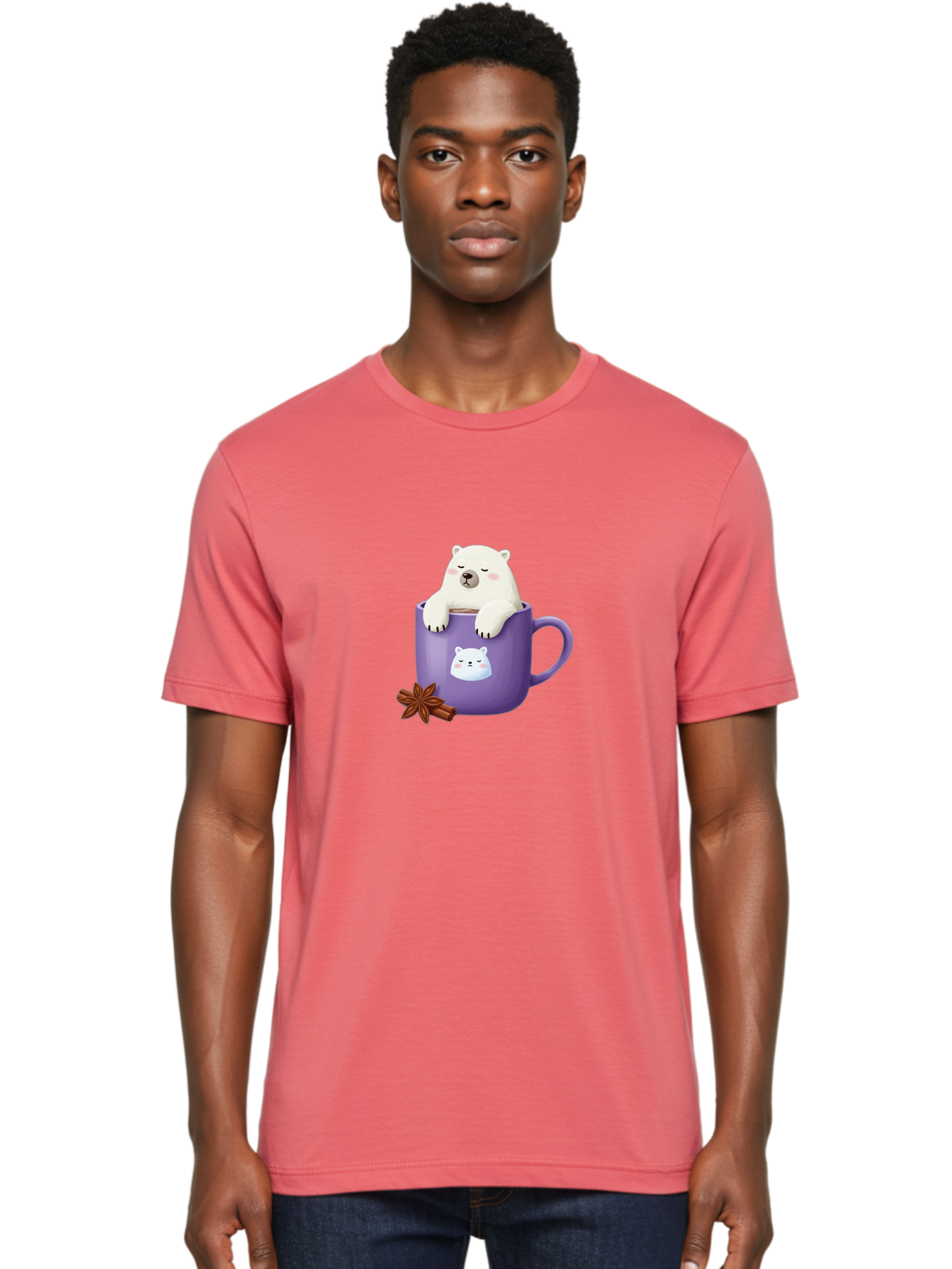 Polar-Bear-Mug-1 Men'S Graphic Tee, 100% Cotton, Comfortable Casual Summer Wear, Machine Washable, Polar Bear In A Tea Cup, Cute Bear Design, Adorable Cartoon Character, Purple Mug With Bear Face, Star Anise And Cinnamon Sticks, Bae658