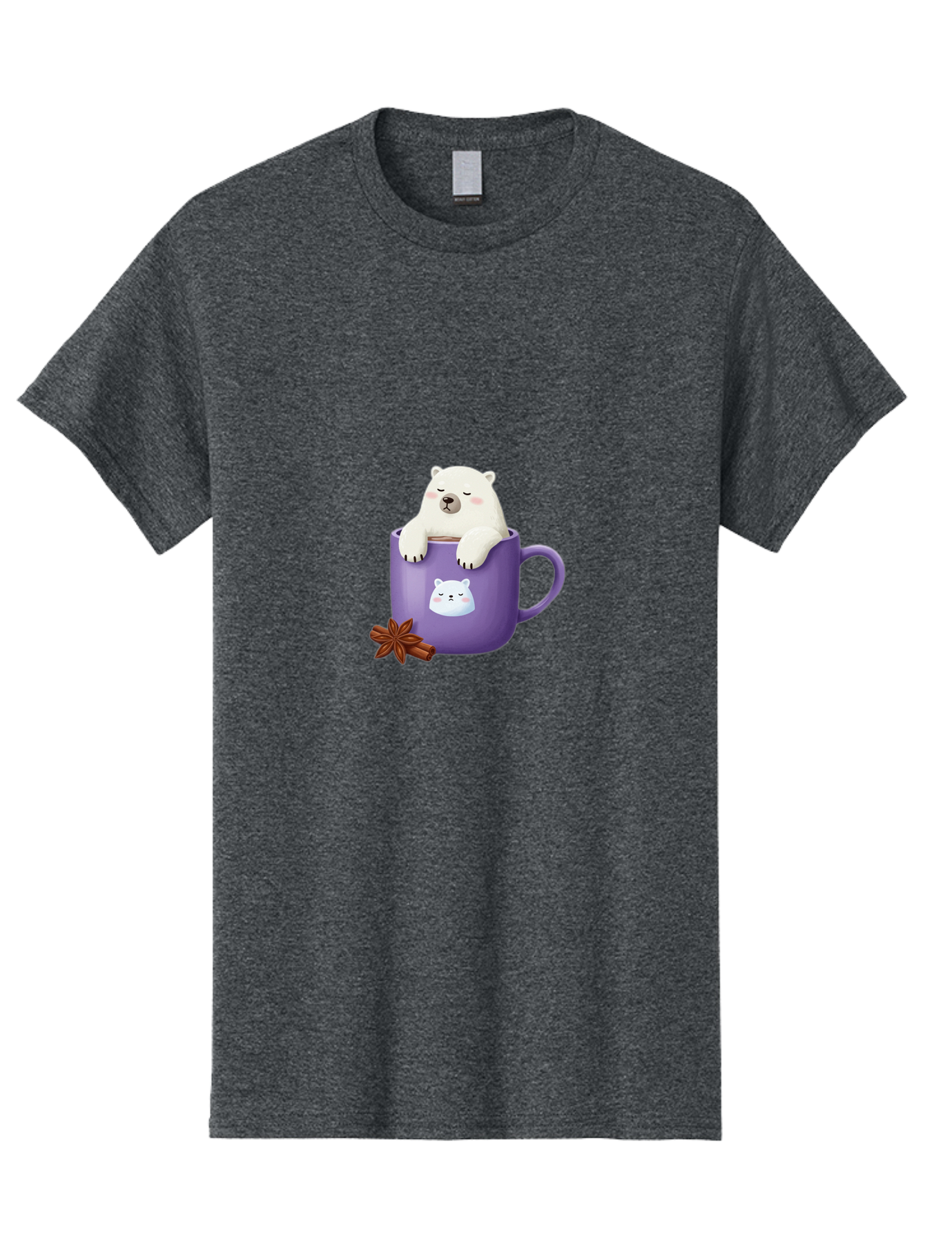 Polar-Bear-Mug-1 Men'S Graphic Tee, 100% Cotton, Comfortable Casual Summer Wear, Machine Washable, Polar Bear In A Tea Cup, Cute Bear Design, Adorable Cartoon Character, Purple Mug With Bear Face, Star Anise And Cinnamon Sticks, Bae658