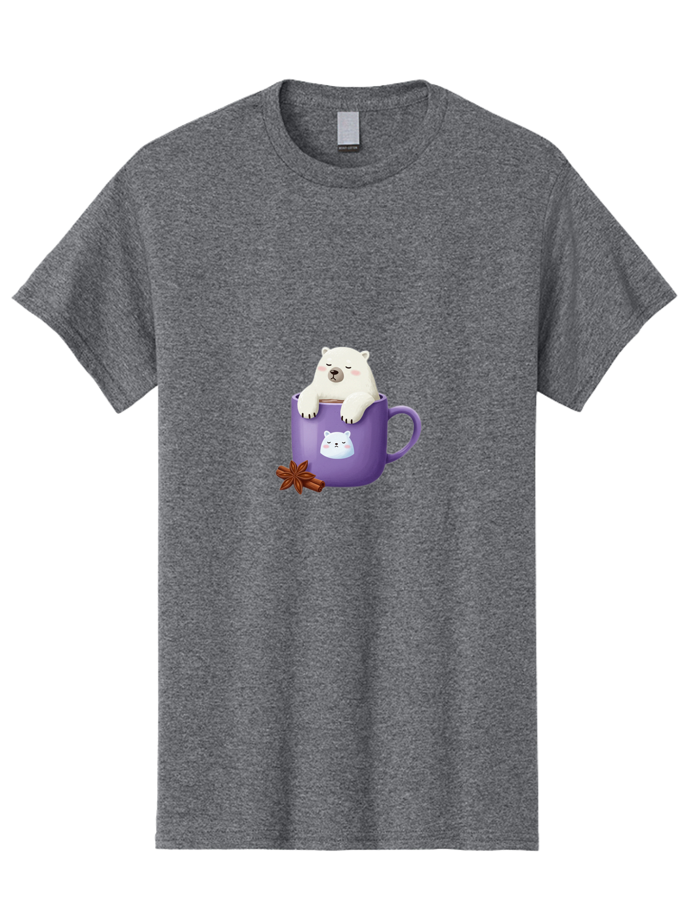 Polar-Bear-Mug-1 Men'S Graphic Tee, 100% Cotton, Comfortable Casual Summer Wear, Machine Washable, Polar Bear In A Tea Cup, Cute Bear Design, Adorable Cartoon Character, Purple Mug With Bear Face, Star Anise And Cinnamon Sticks, Bae658