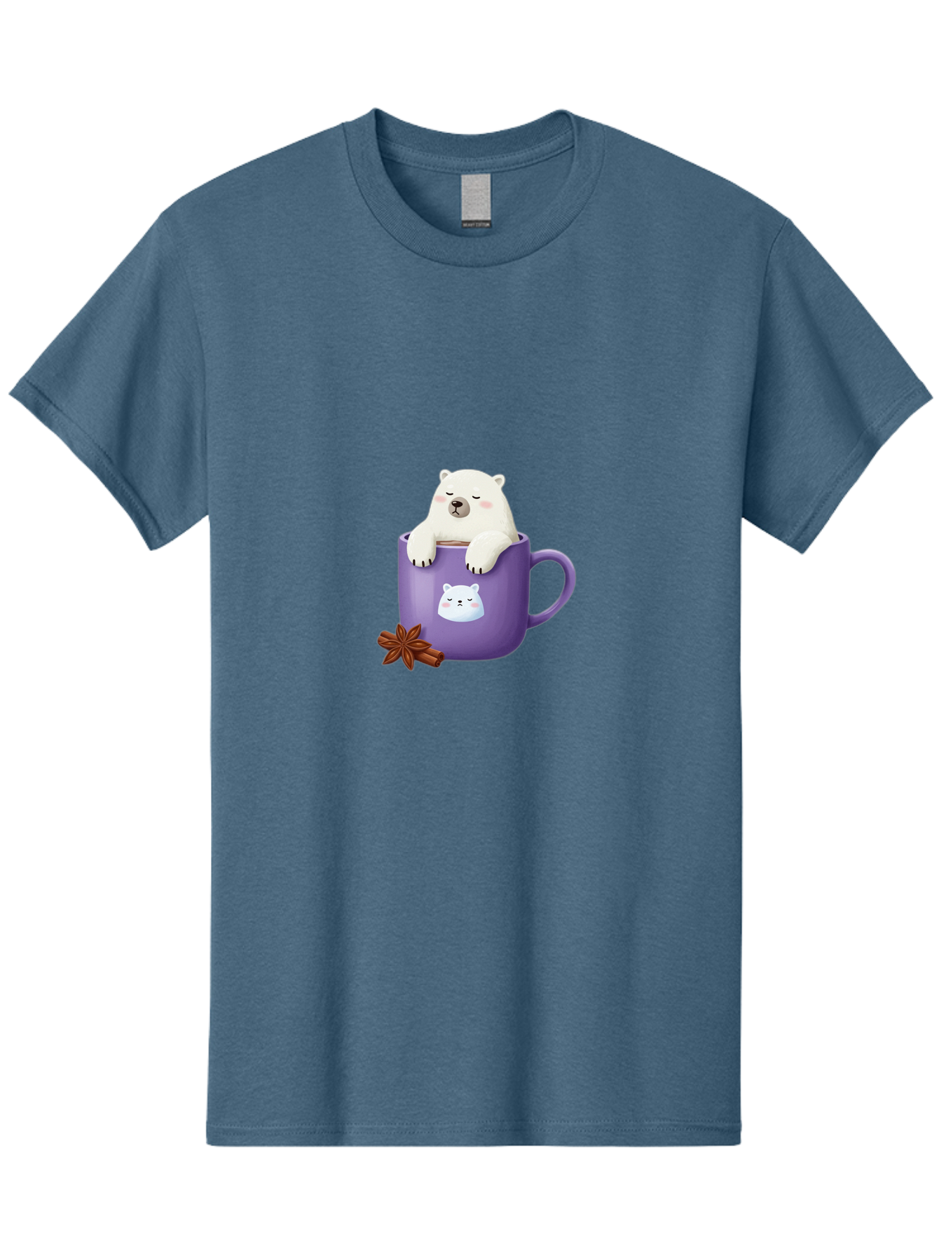 Polar-Bear-Mug-1 Men'S Graphic Tee, 100% Cotton, Comfortable Casual Summer Wear, Machine Washable, Polar Bear In A Tea Cup, Cute Bear Design, Adorable Cartoon Character, Purple Mug With Bear Face, Star Anise And Cinnamon Sticks, Bae658