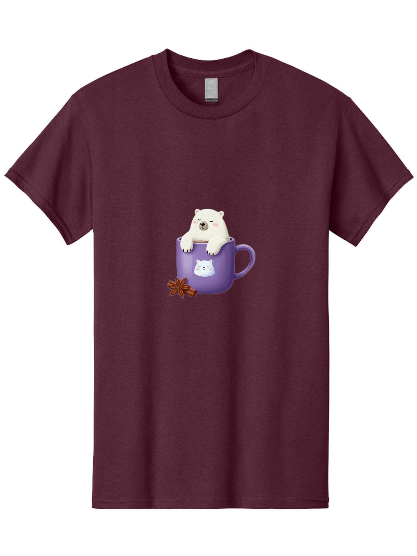 Polar-Bear-Mug-1 Men'S Graphic Tee, 100% Cotton, Comfortable Casual Summer Wear, Machine Washable, Polar Bear In A Tea Cup, Cute Bear Design, Adorable Cartoon Character, Purple Mug With Bear Face, Star Anise And Cinnamon Sticks, Bae658